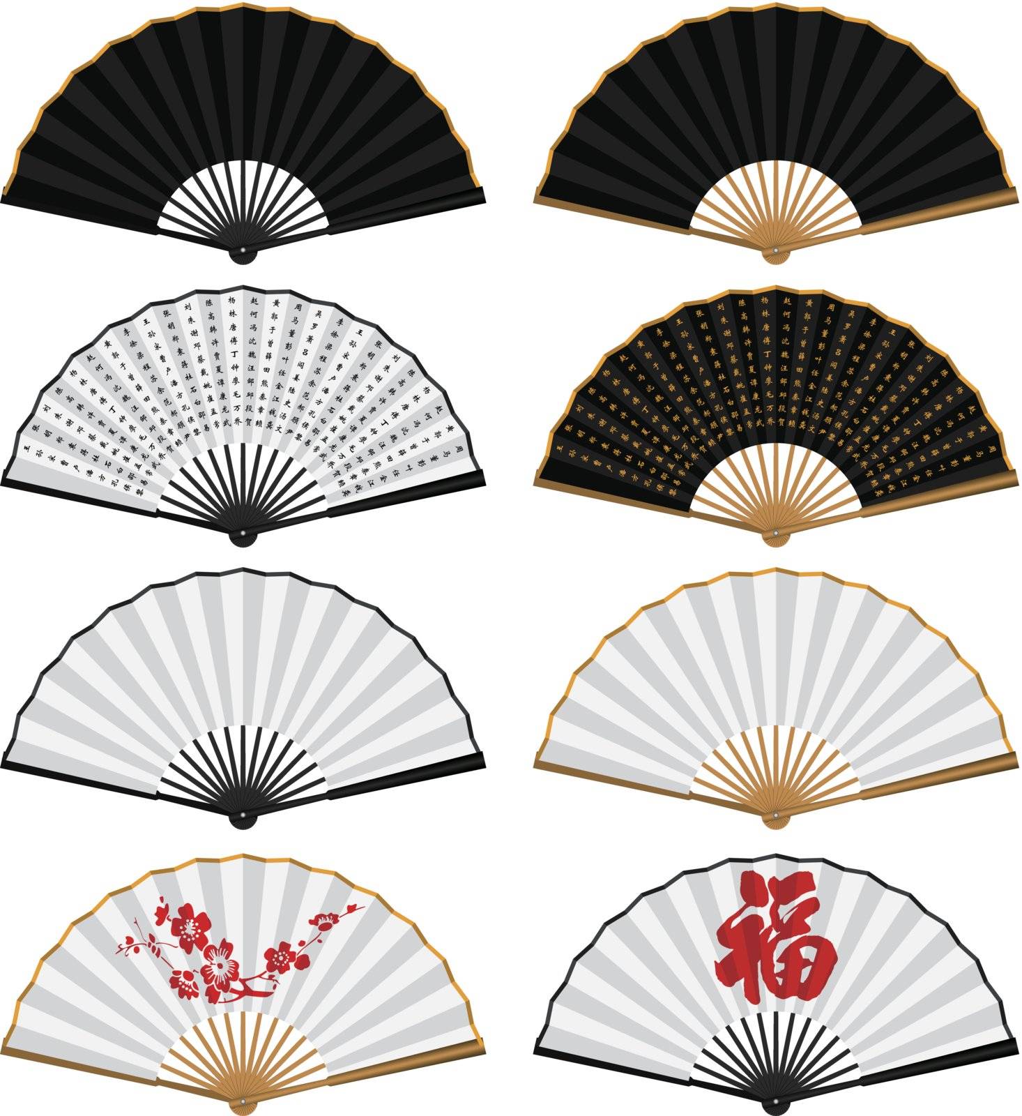 Layered vector illustration of various Chinese traditional folding fans.