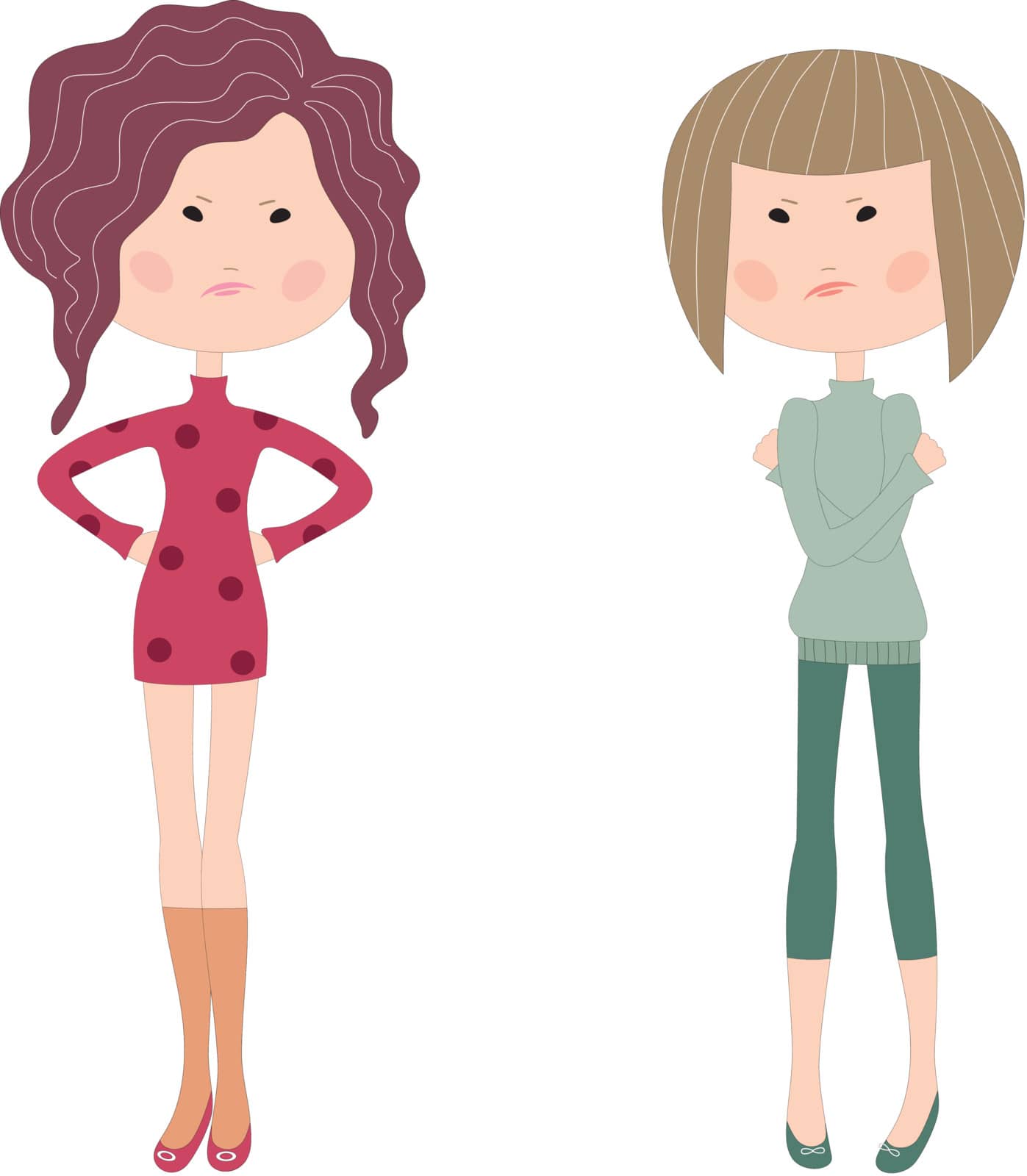 Picture of two cartoon girls who bad mood on a white background.