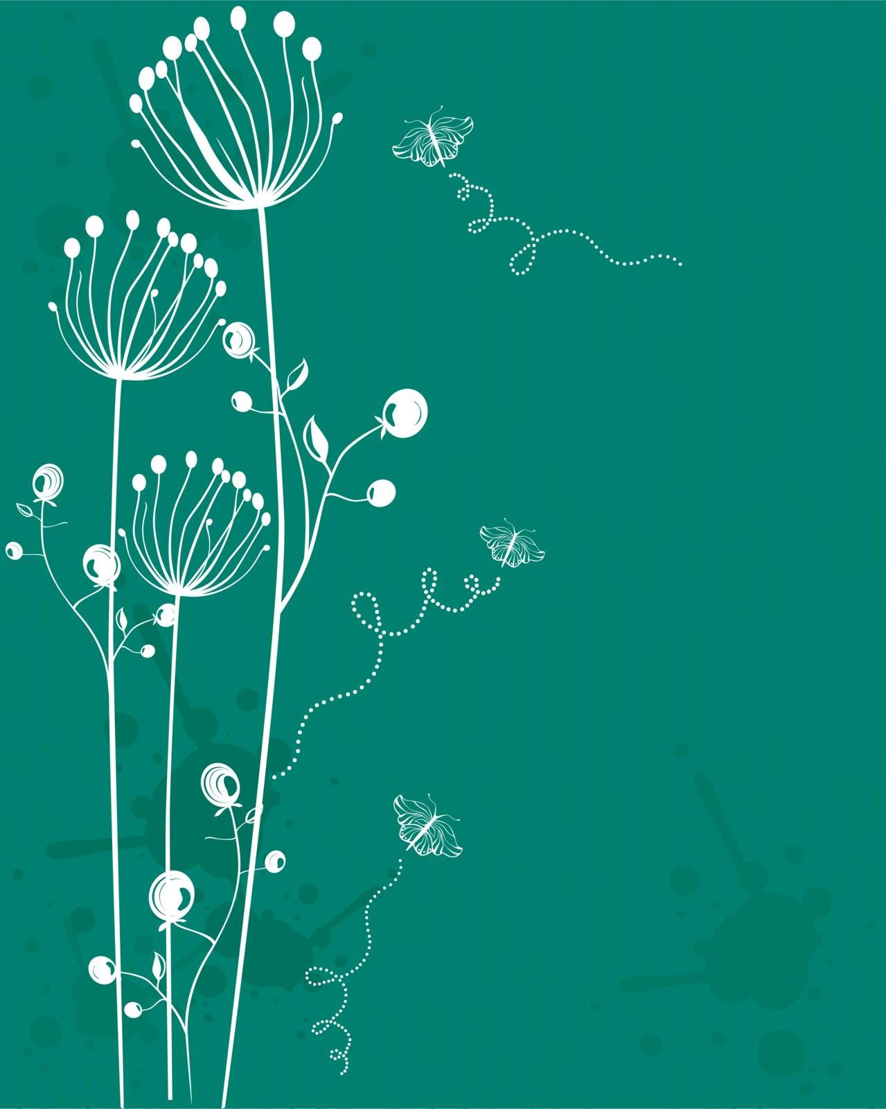 Vector illustration of teal background with white flowers and butterflies.