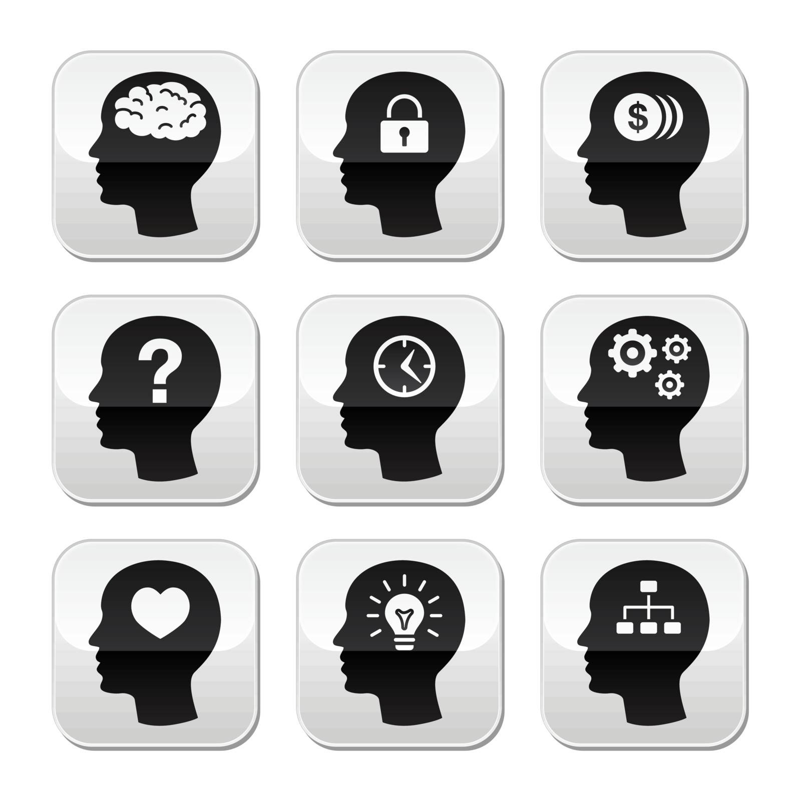 Thinking, creating ideas concept - square grey head buttons isolated on white