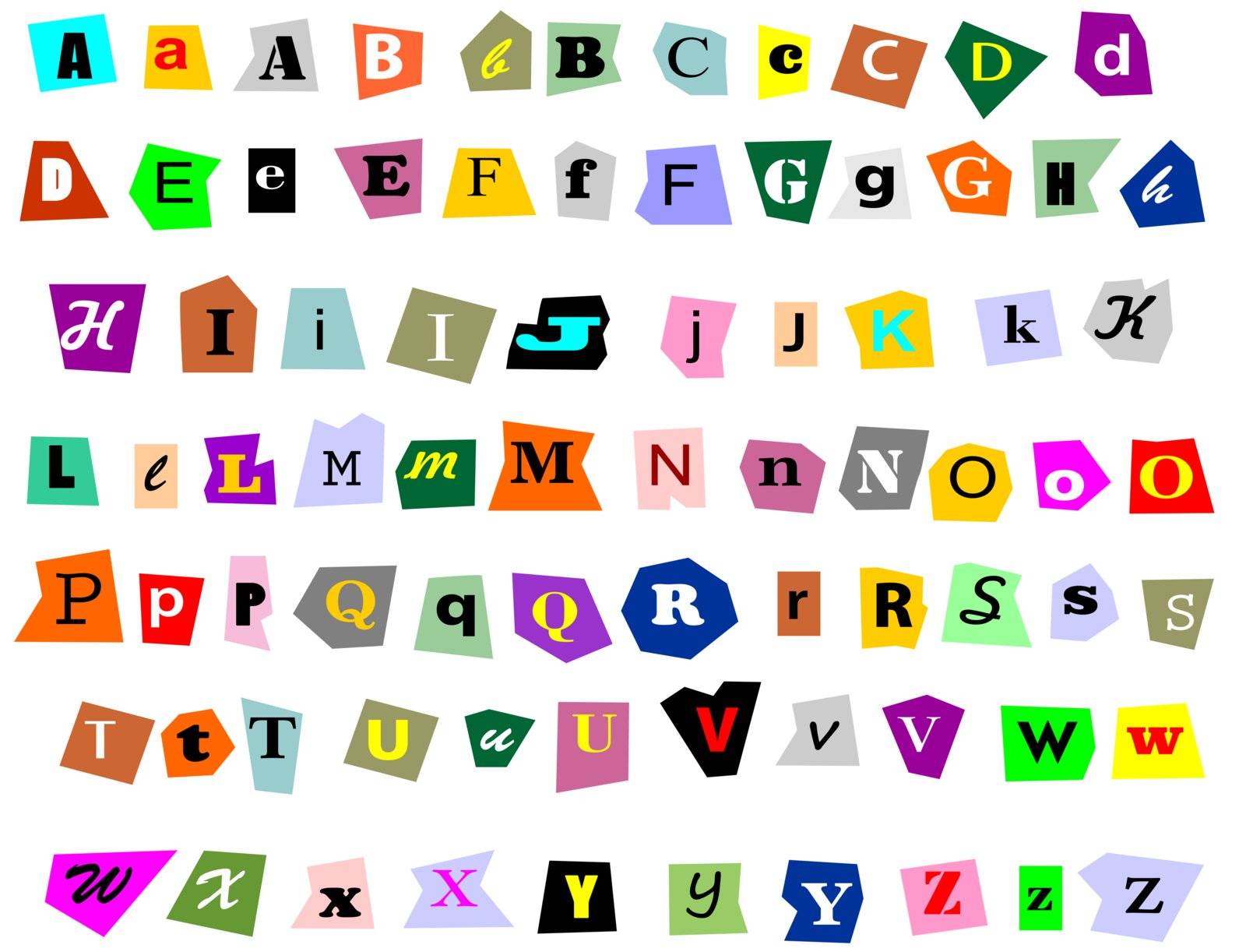 Alphabet newspaper uppercase, lowercase and symbols cutouts isolated on white. Mix and match to make your own words.