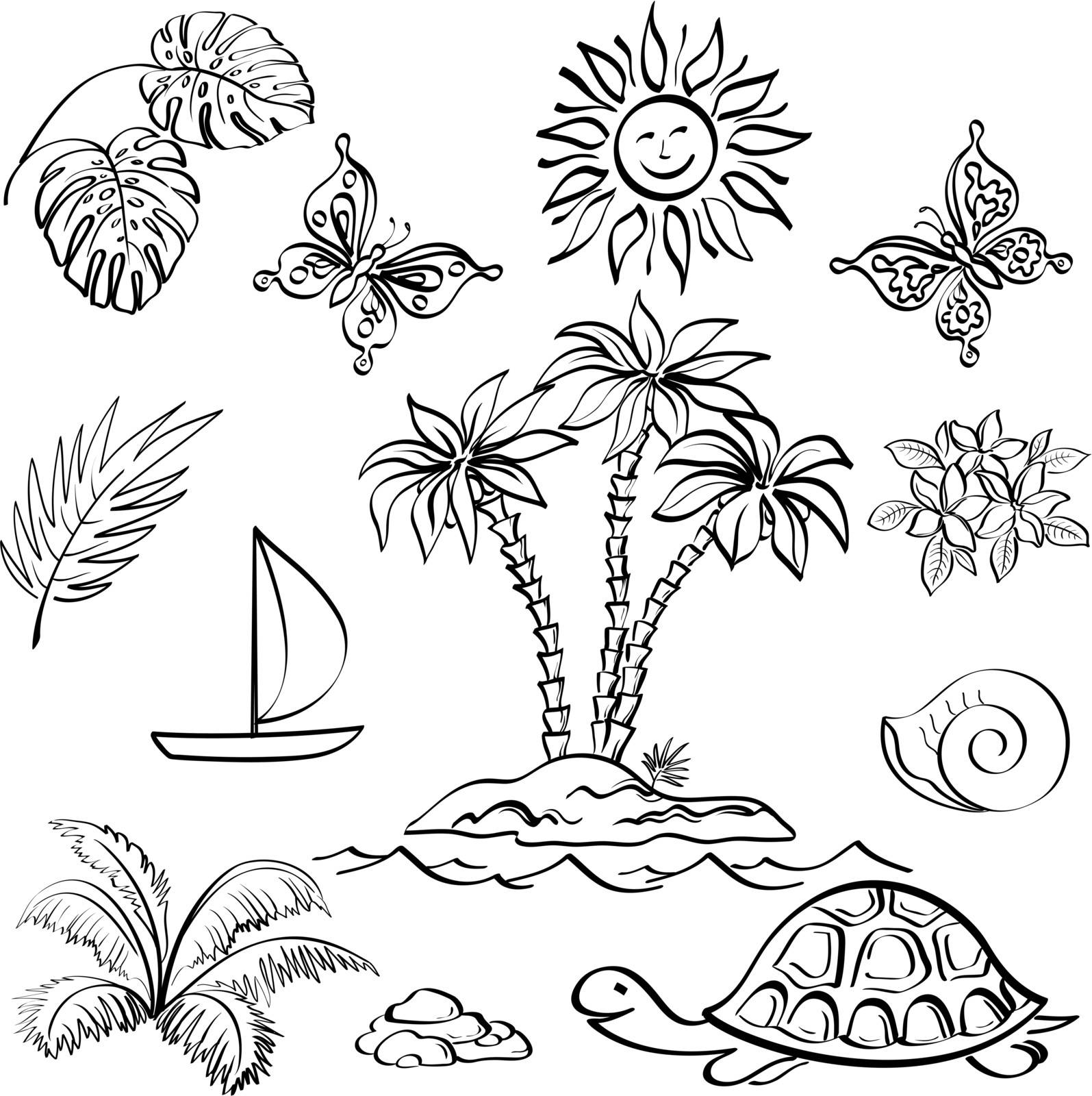 Set of the objects represent summer, exotic and a beach, black contour on white background. Vector