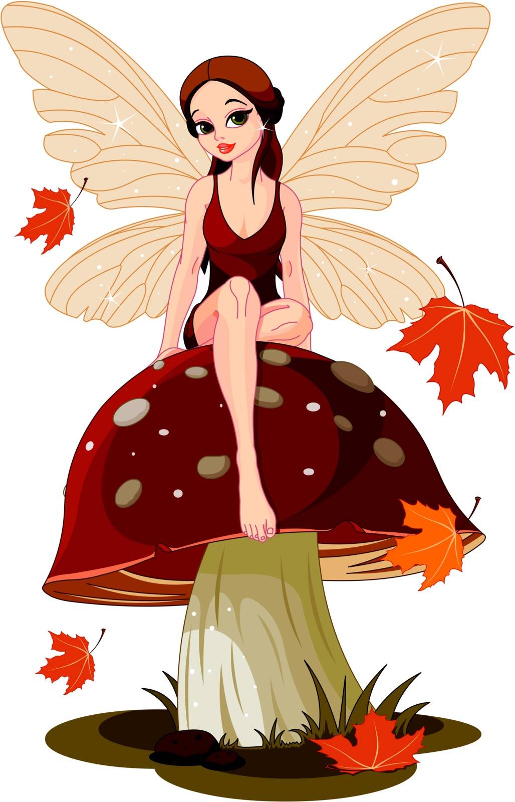 Autumn fairy sitting on mushroom