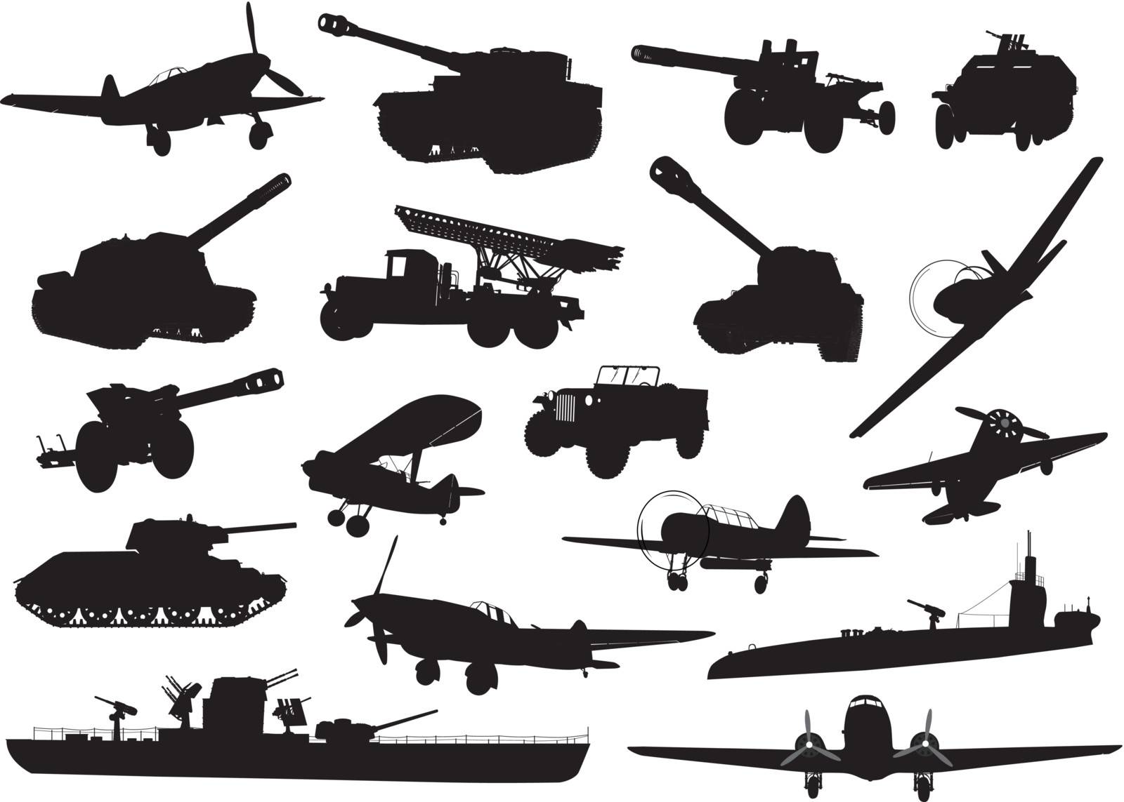 WW2 military silhouettes set. Vector