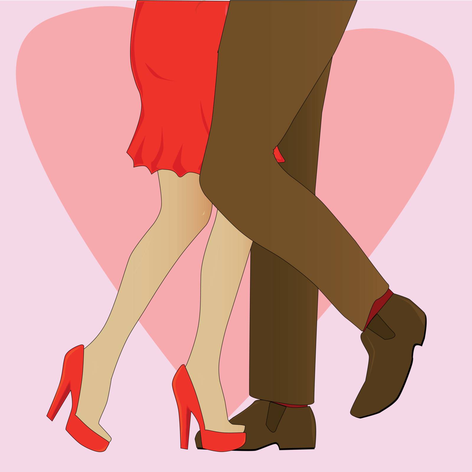 A man and womans legs dancing backdroped by a large heart and pink background.