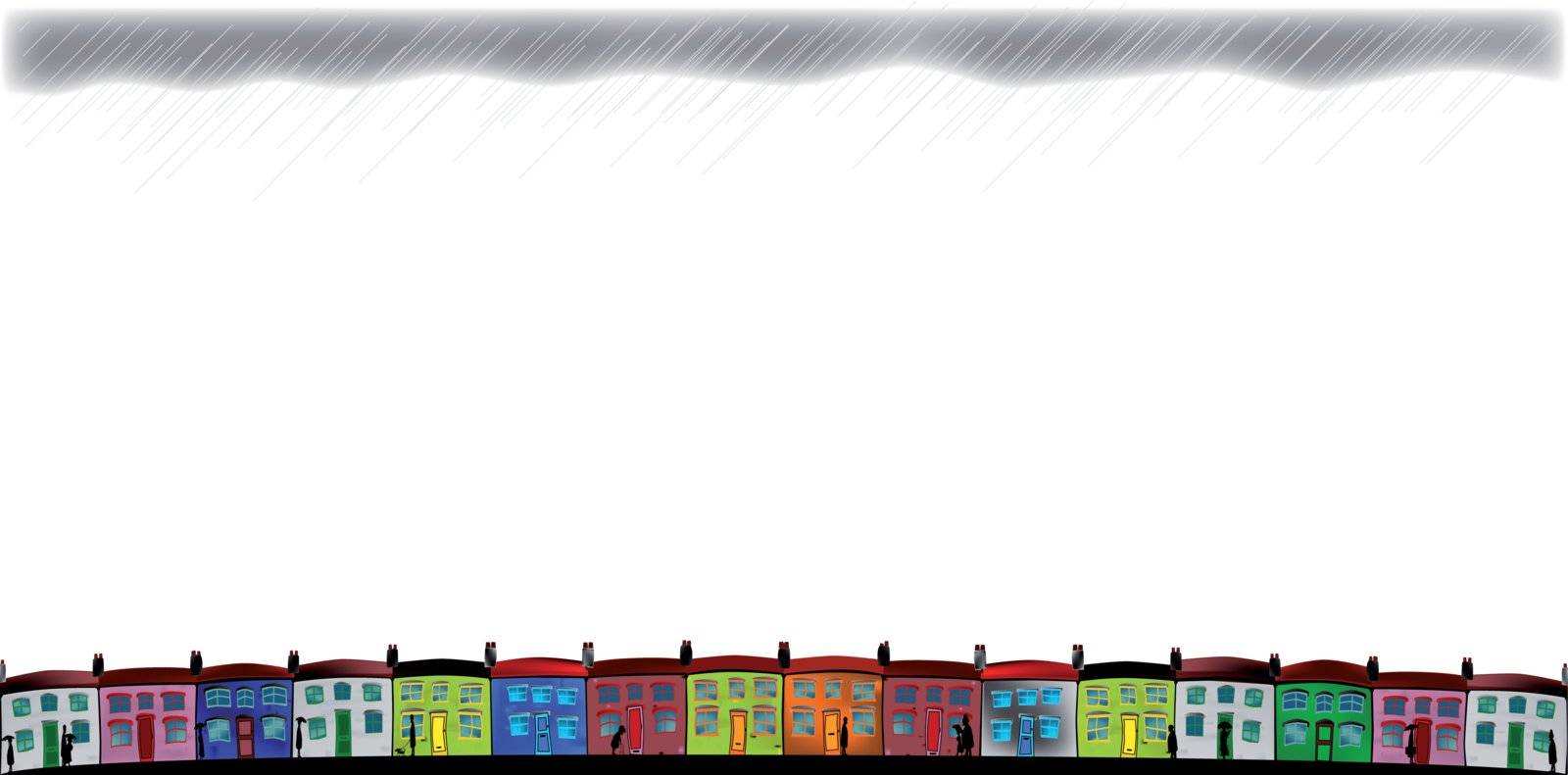 A row of colorful, neat cottages with several people scurrying about trying to get out of the rain.