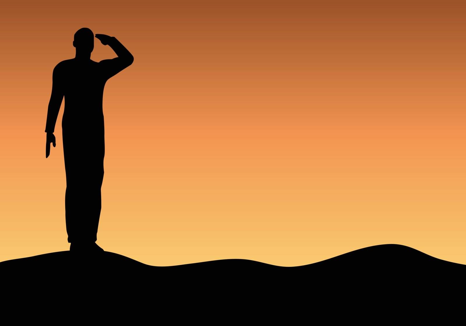 Silhouette of an army soldier saluting on hills against sunset