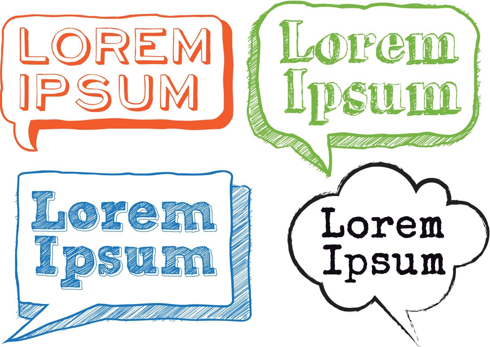 lorem ipsum text in hand-drawn speech bubbles, vector scribble set