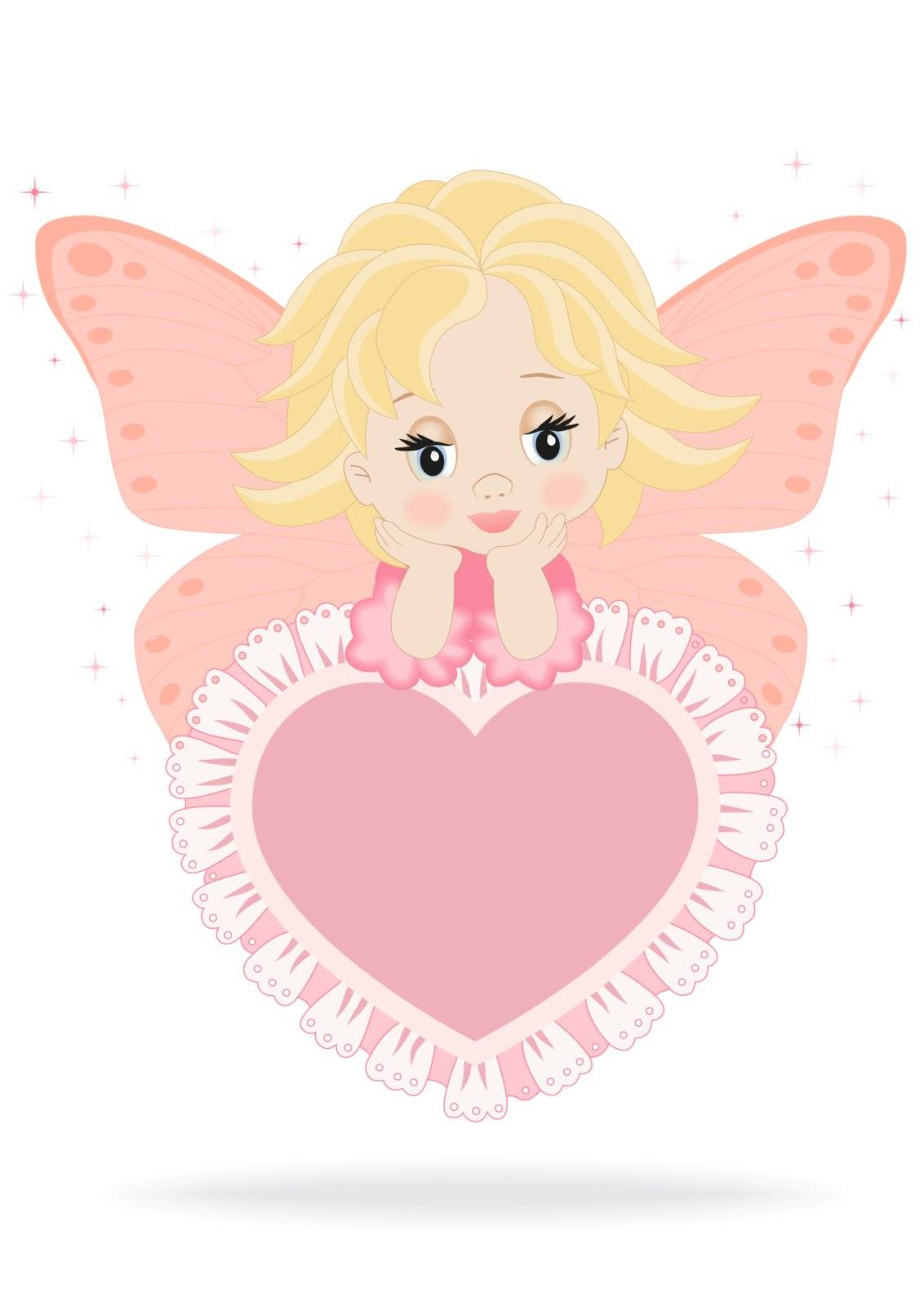 magical fairy sitting on a pink heart isolated on white background