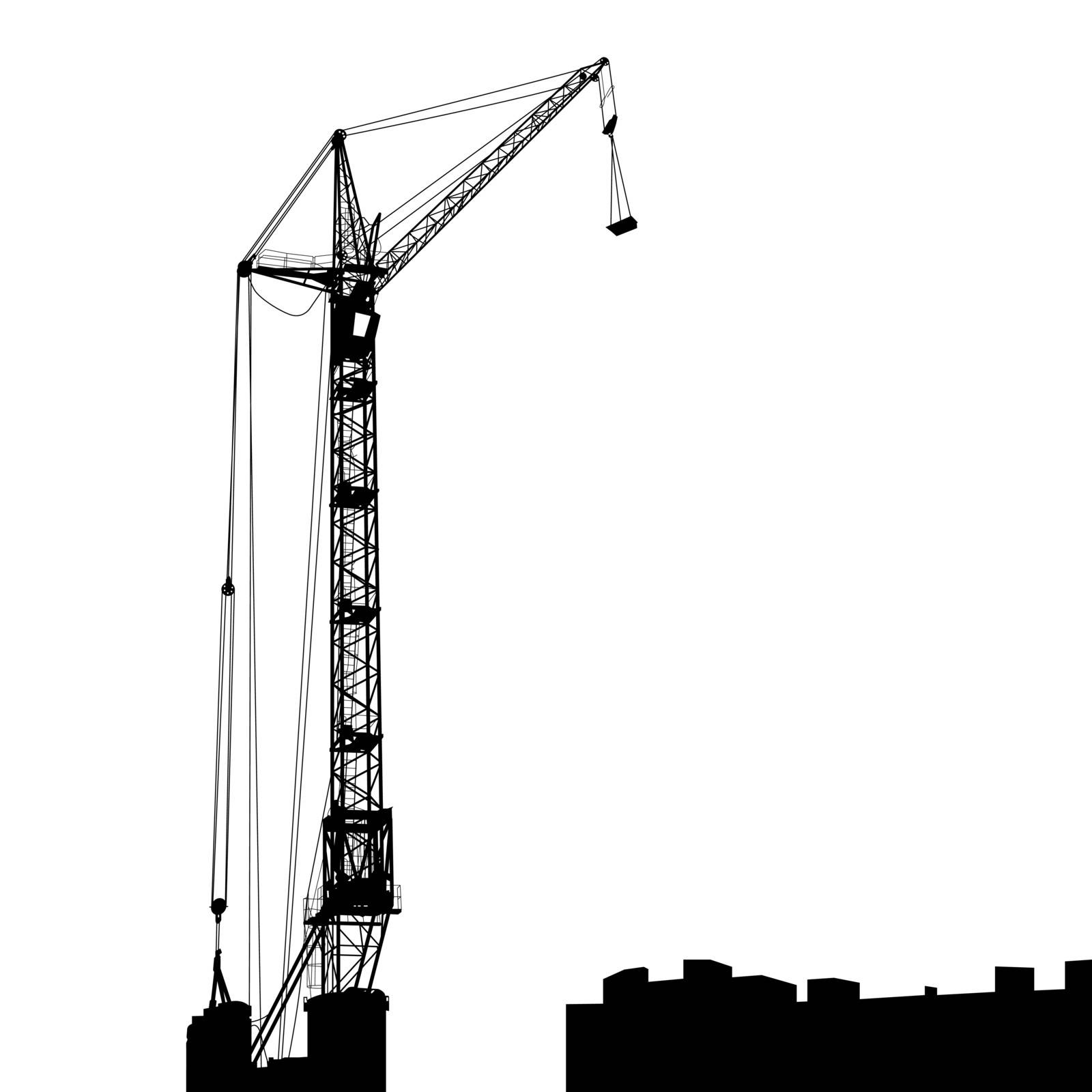 Silhouette of one cranes working on the building. Vector illustration.