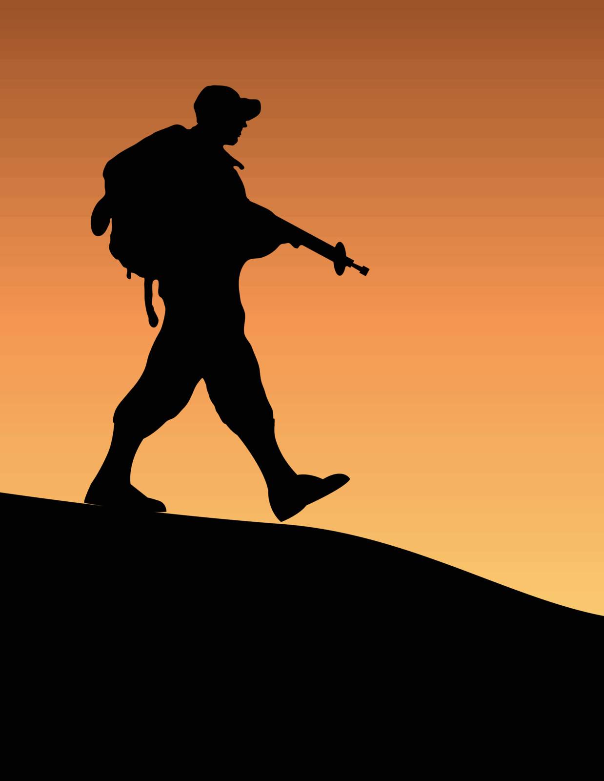Silhouette of an army soldier walking on hills against sunset