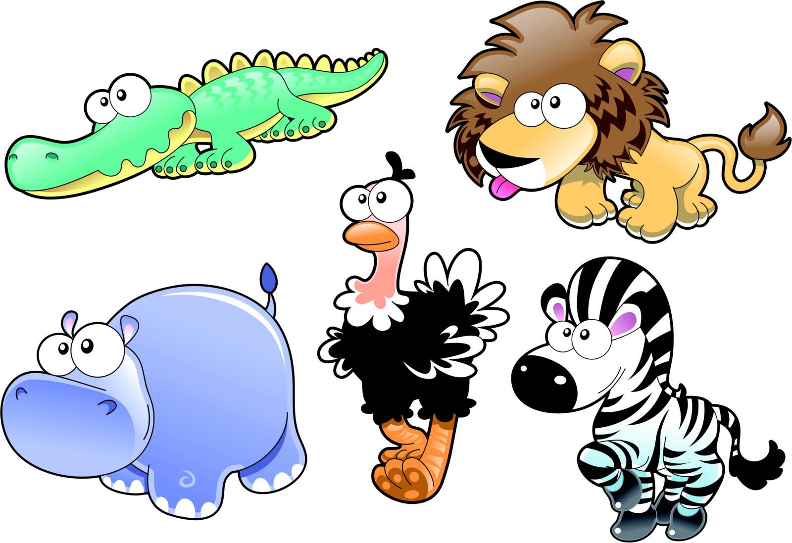 Savannah animal family. Funny cartoon and vector isolated characters
