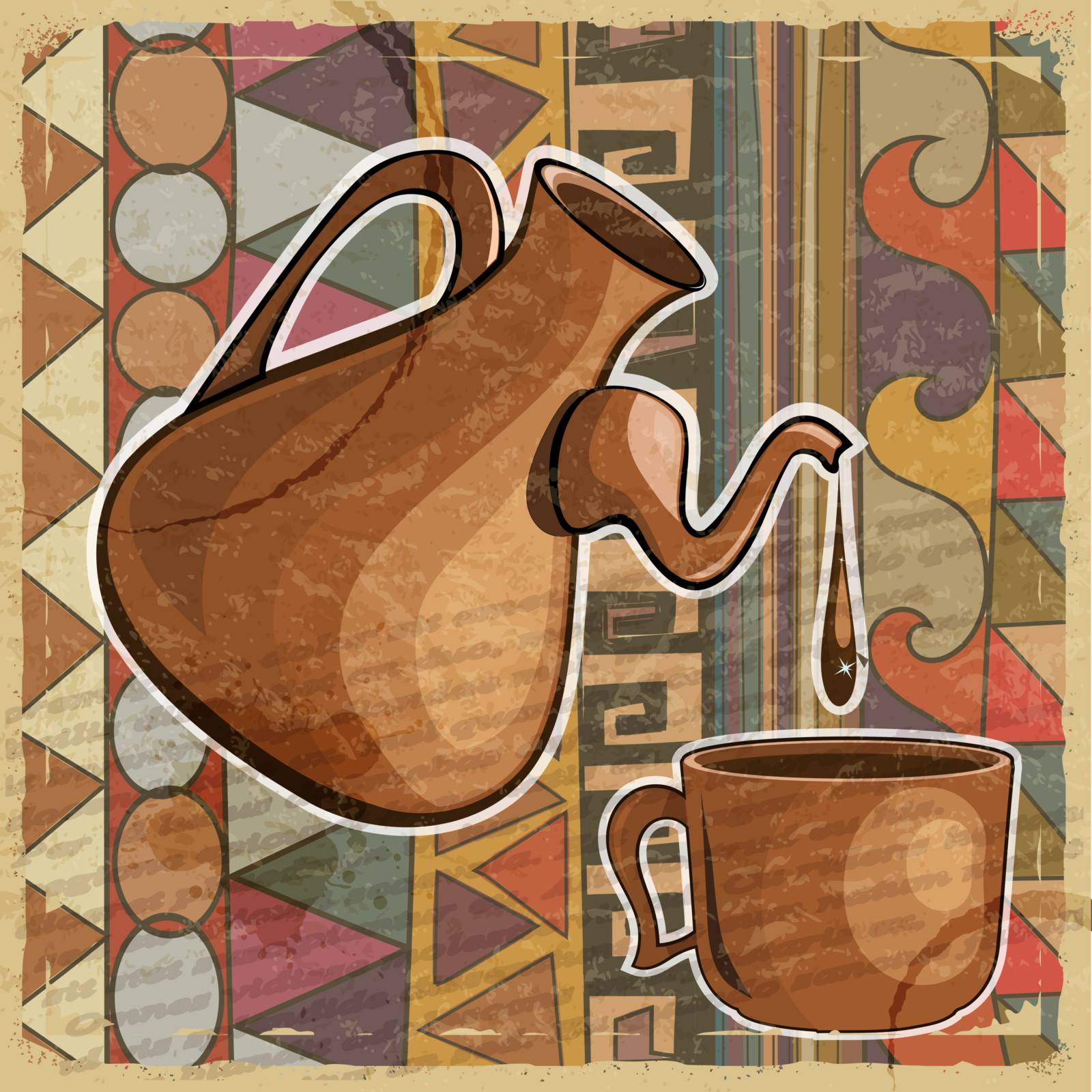 Coffee pot and cup of coffee on the ethnic patterns