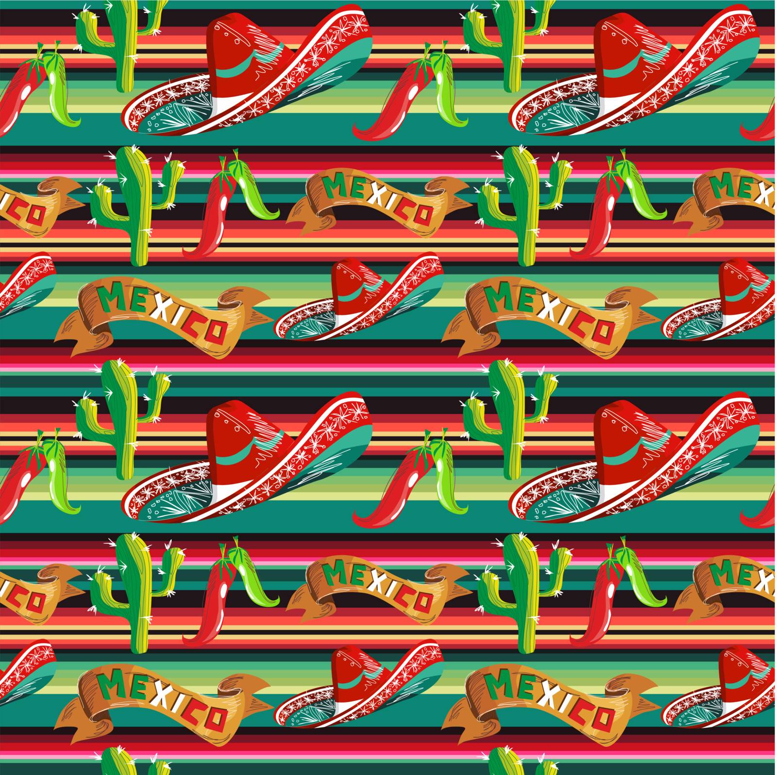 Mexico seamless pattern with cactus, hat and chill over stripped background. Vector illustration layered for easy manipulation and custom coloring.