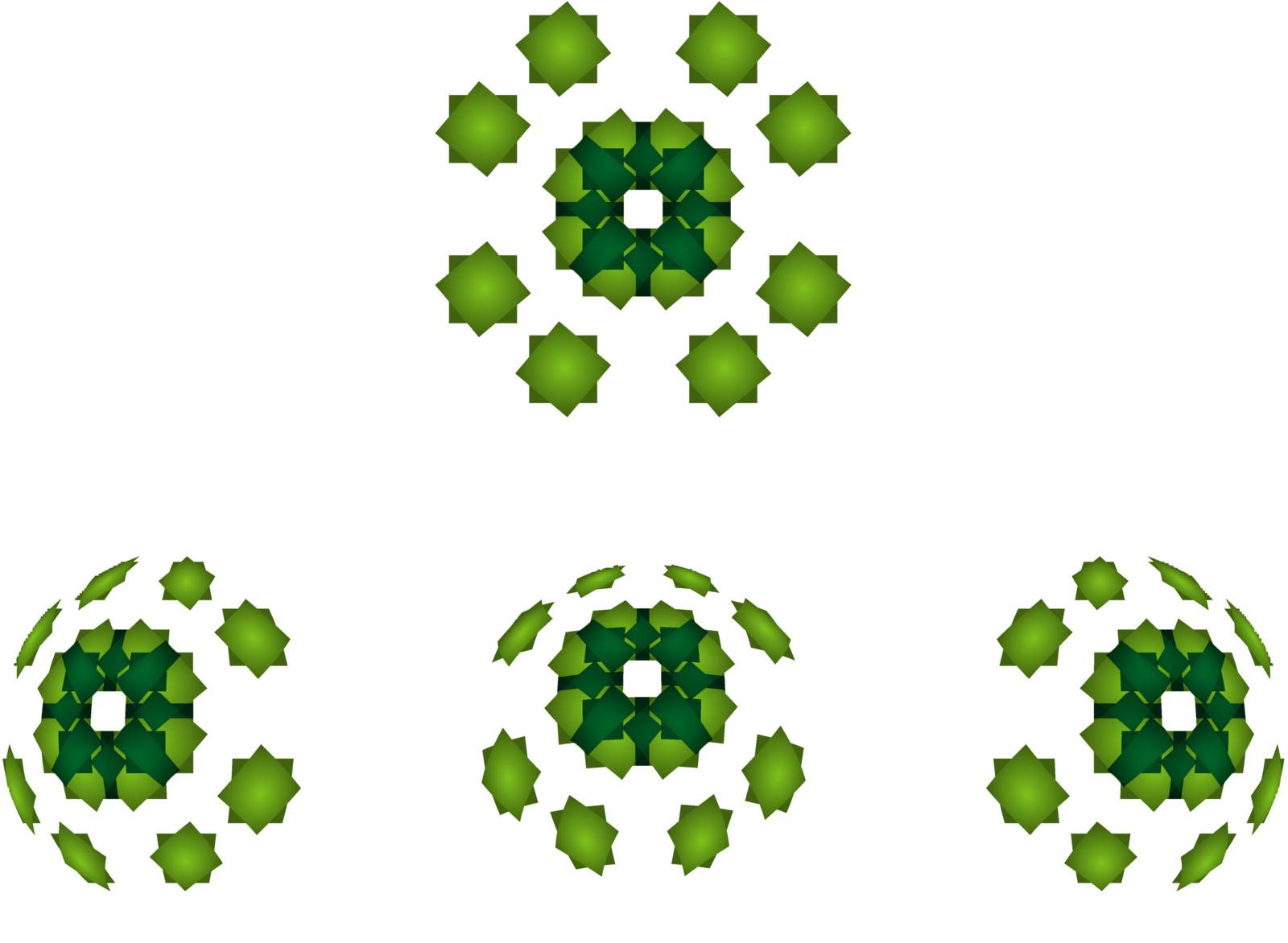 Set of four 3d green sphere graphic elements.