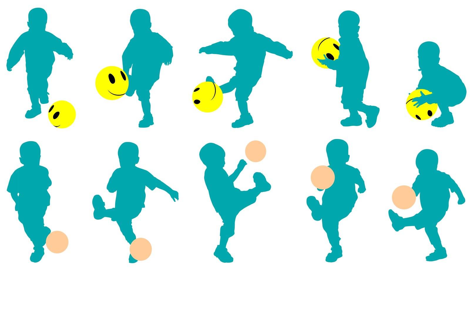 Ten vector silhouettes little child as football player with ball-smiley