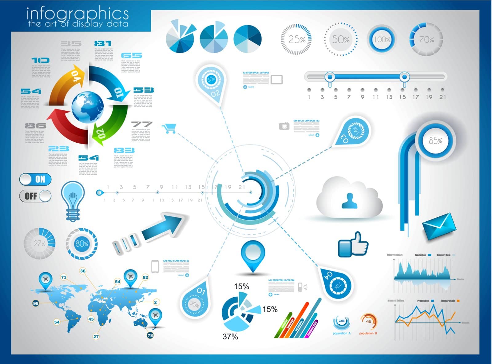Infographic elements - set of paper tags, technology icons, cloud cmputing, graphs, paper tags, arrows, world map and so on. Ideal for statistic data display.