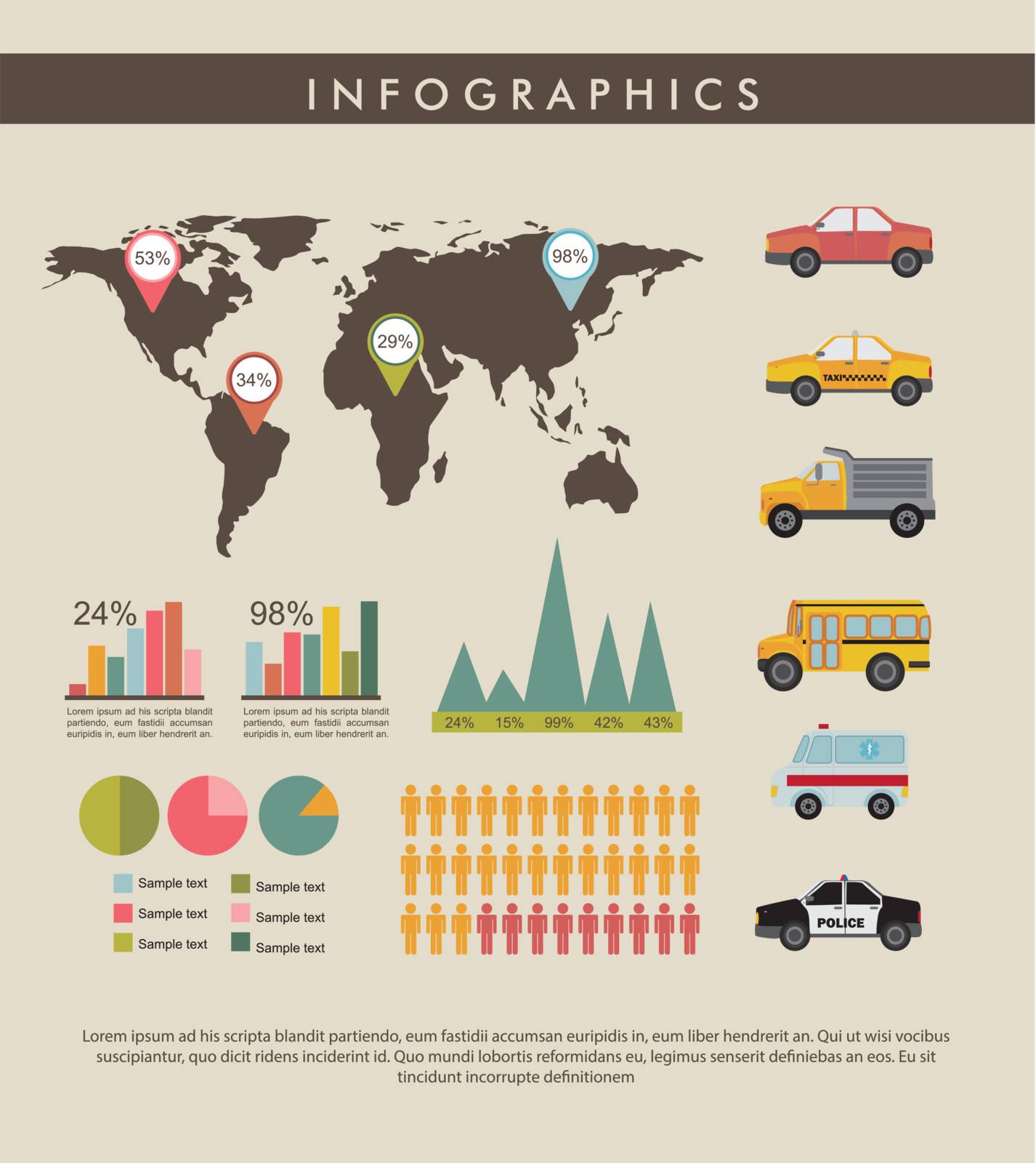 vintage infographics set with map. vector illustration