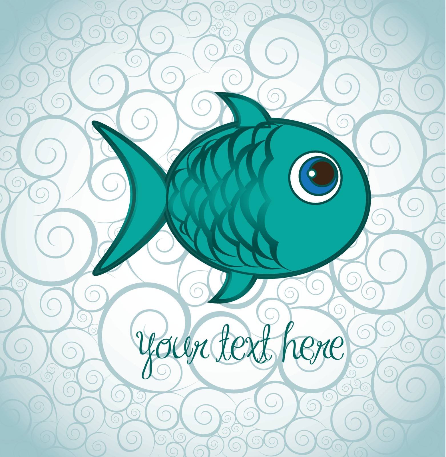 cute fish over sea with ornaments, aquamerine. vector illustration