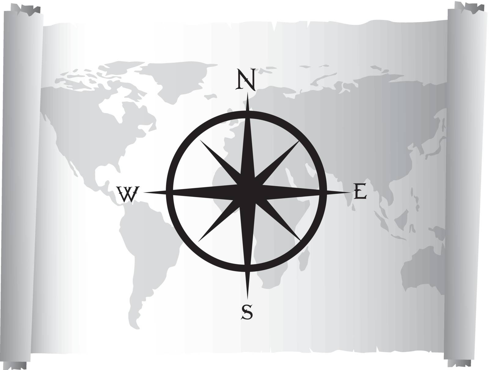 black and white map over parchment with compass rose vector