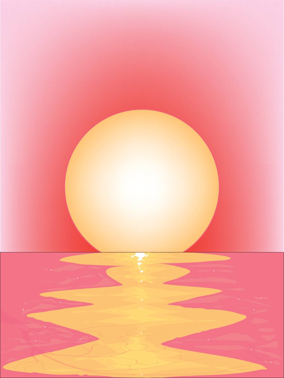 A pink sunset over water with ripples and a large sun.