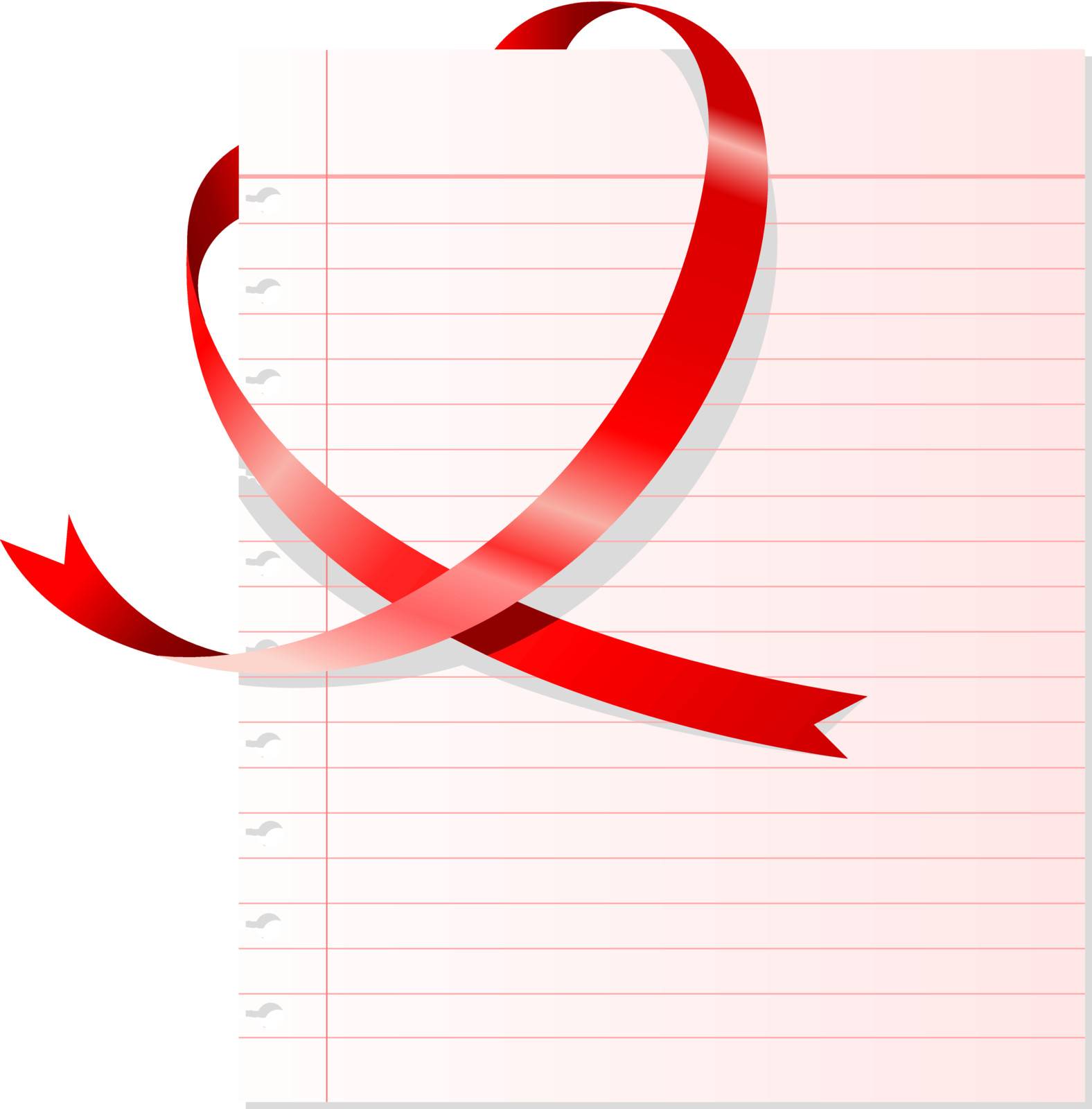 Note page with heart shape red ribbon