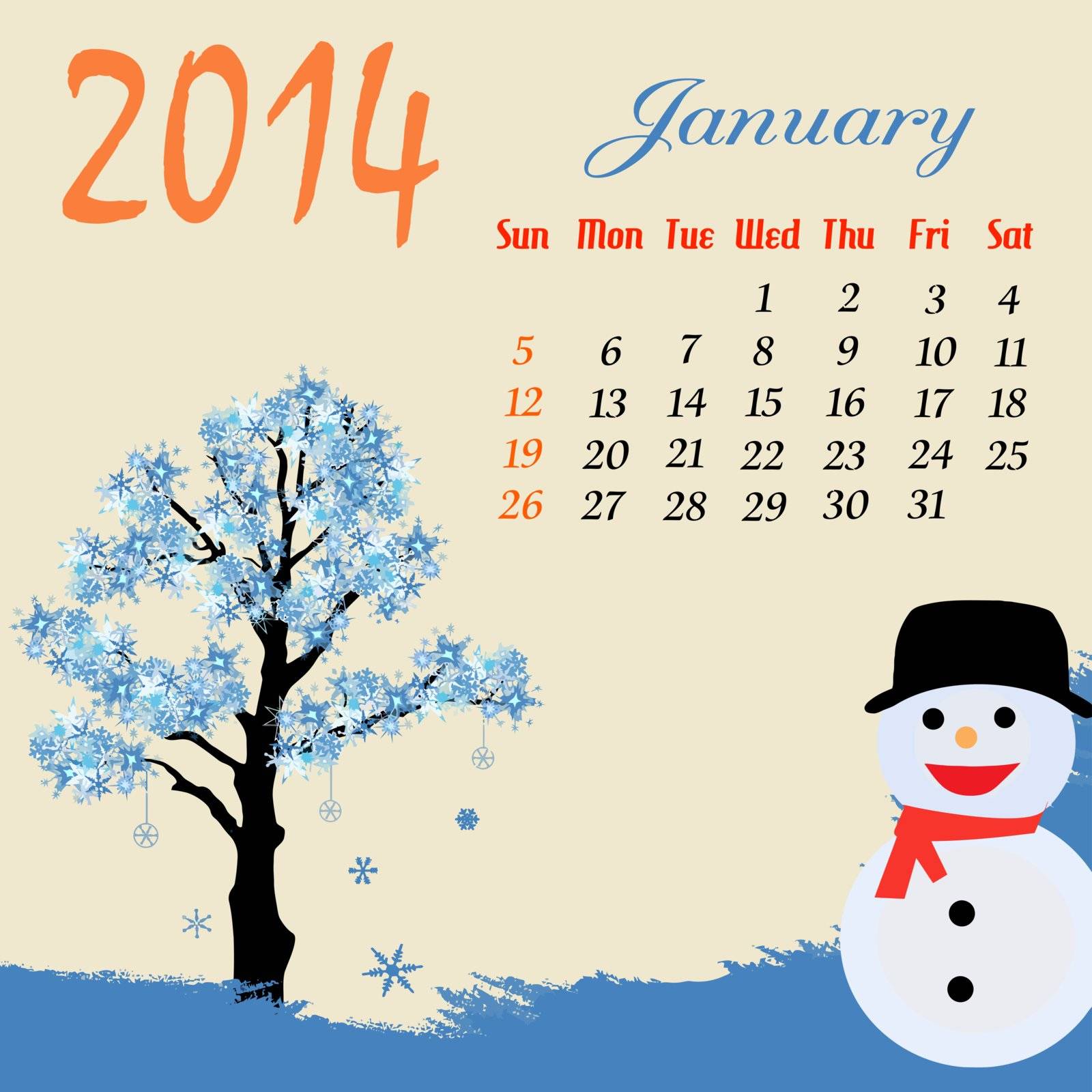 Calendar for 2014 January with winter tree and snowman, vector illustration