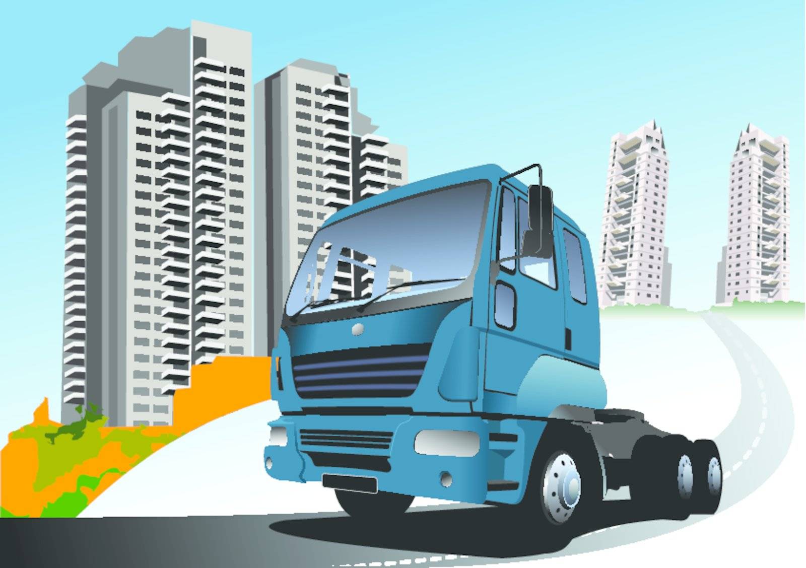 Dormitory and blue truck. Vector illustration by leonido