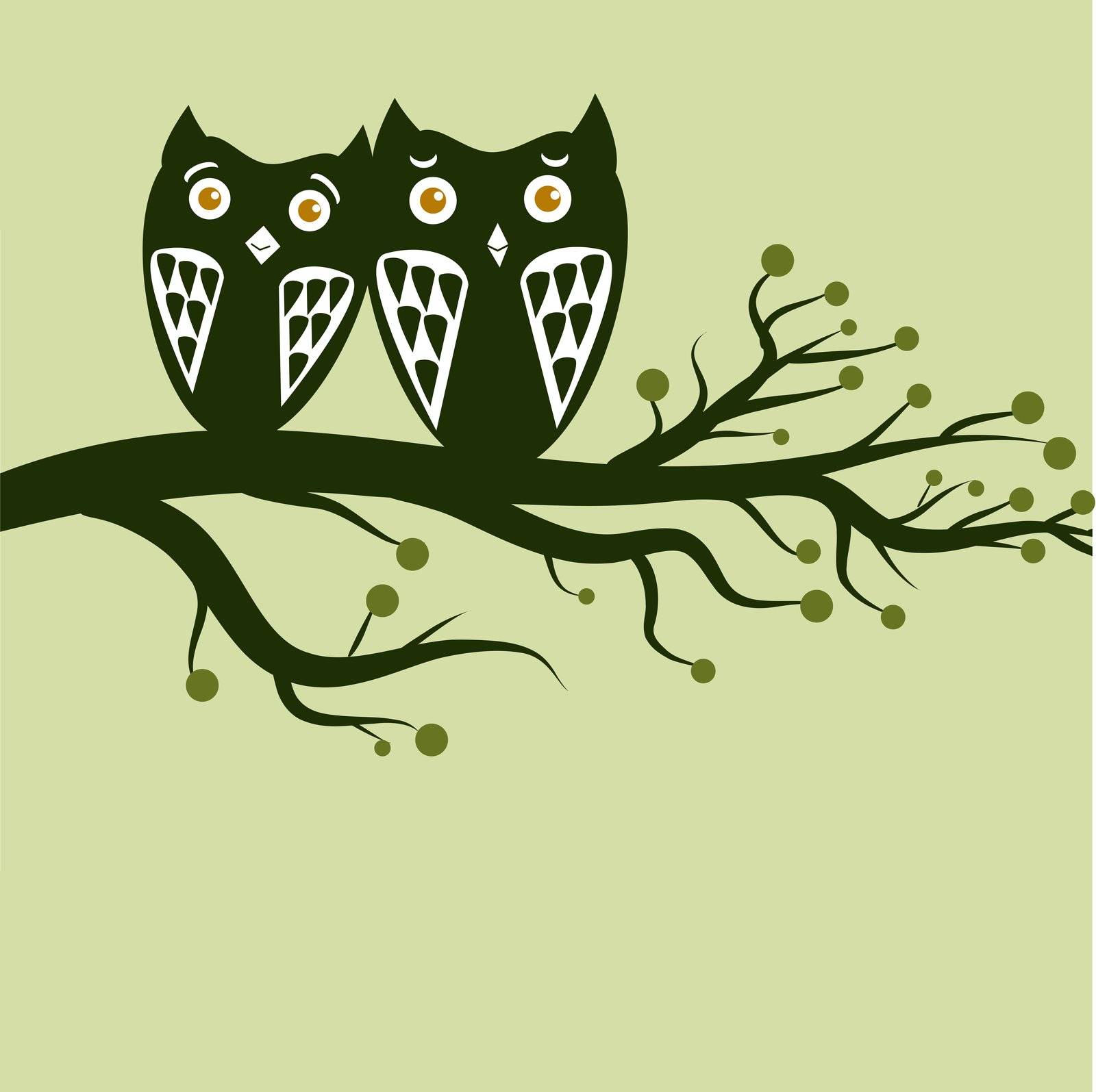 Two cute owls on the tree branch greetings card.