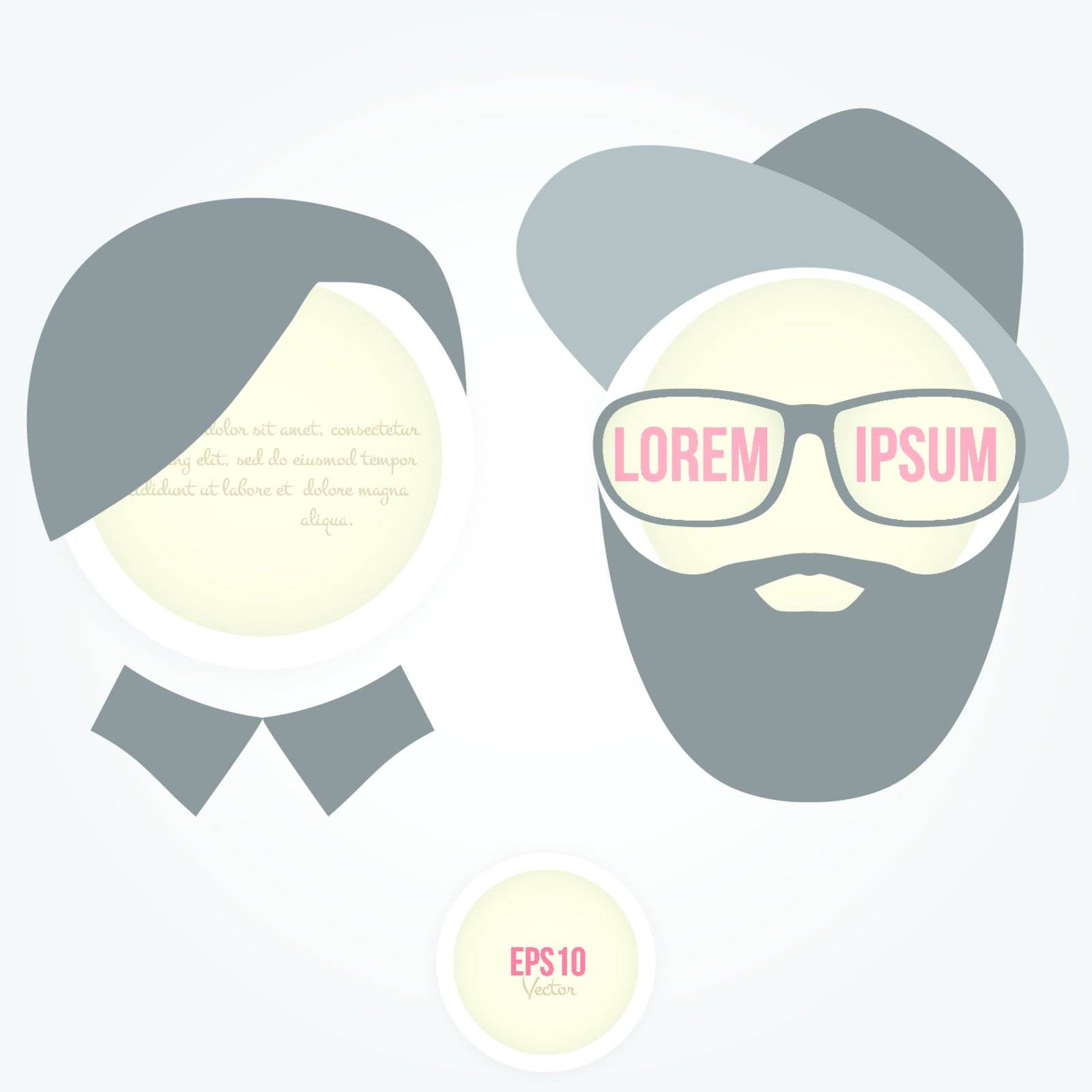 Hipster faces with glasses, beard, hat. Can be used for text, information, message or note