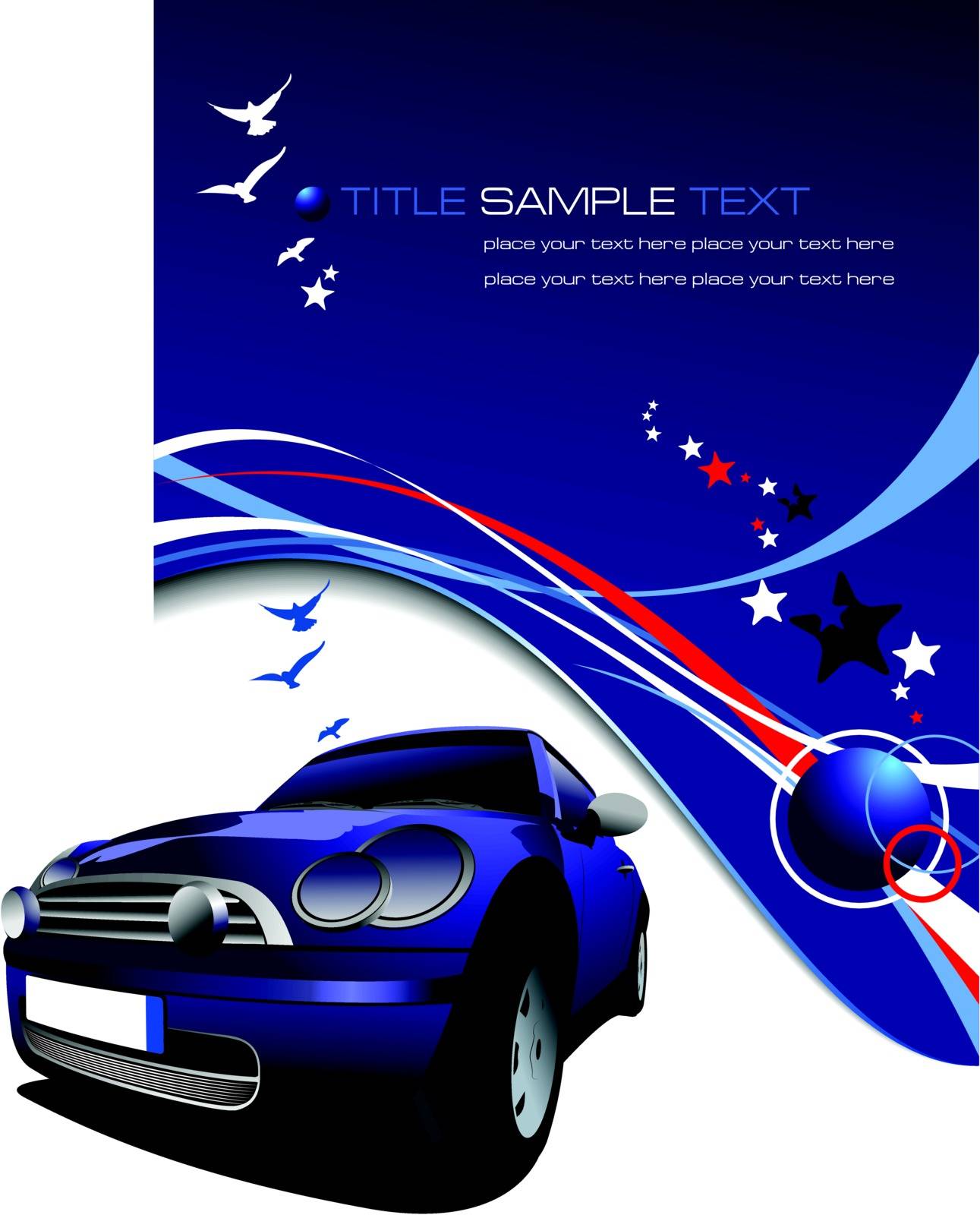Blue background with blue car, stars and blue birds images . Vector illustration