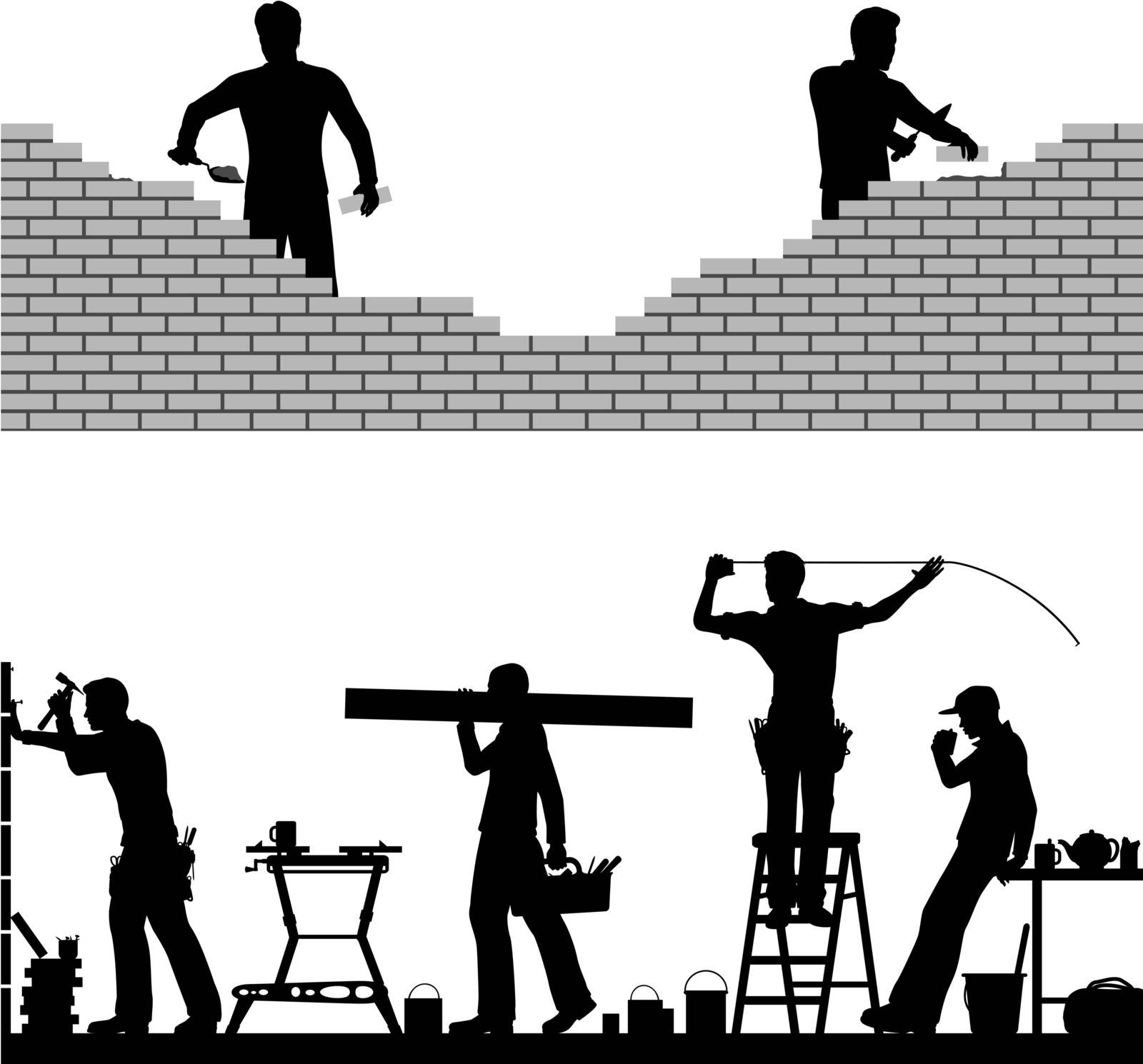 Two editable vector foreground design elements of builders and bricklayers 