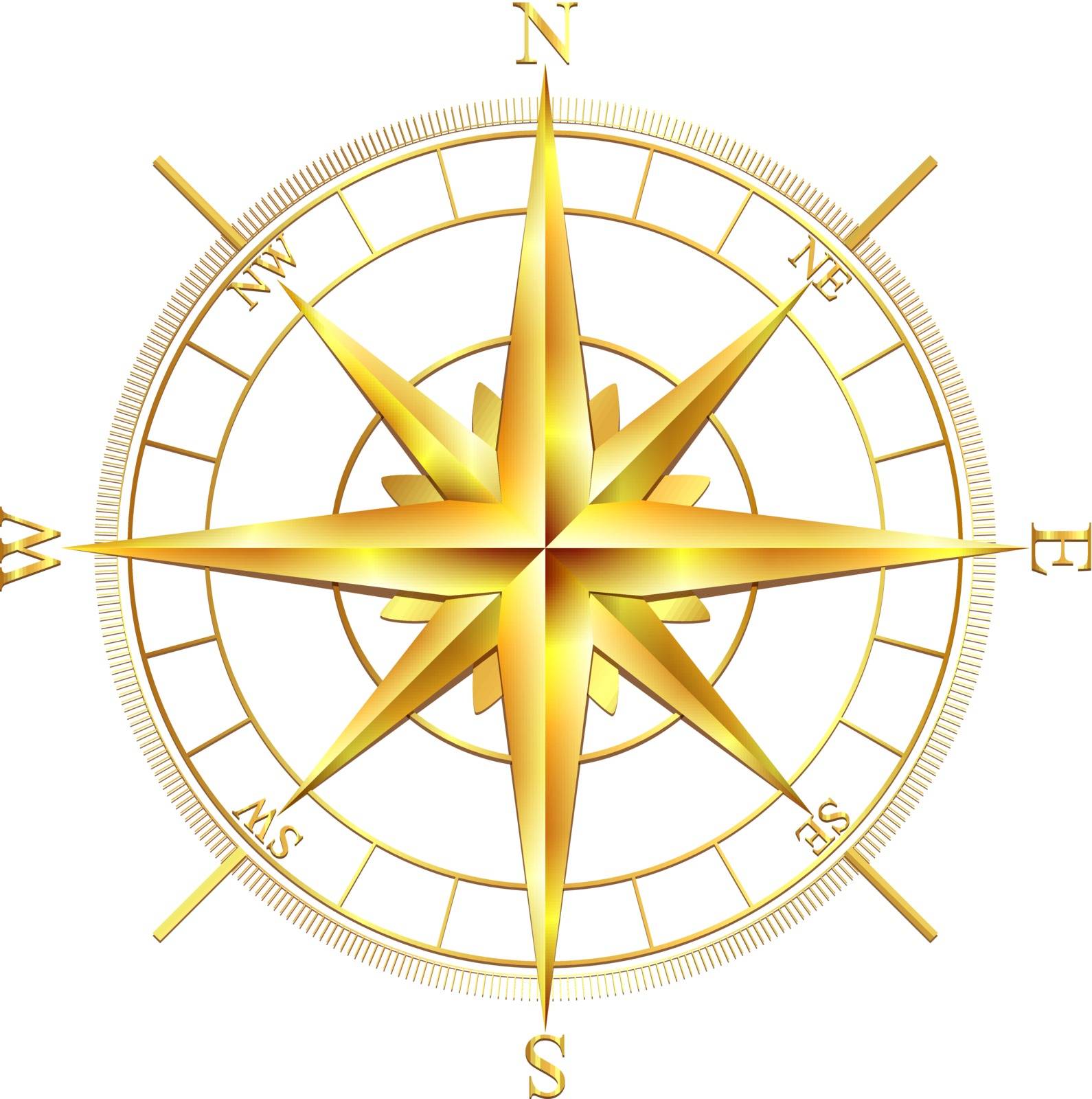 Golden compass rose, isolated on white background. Vector illustration