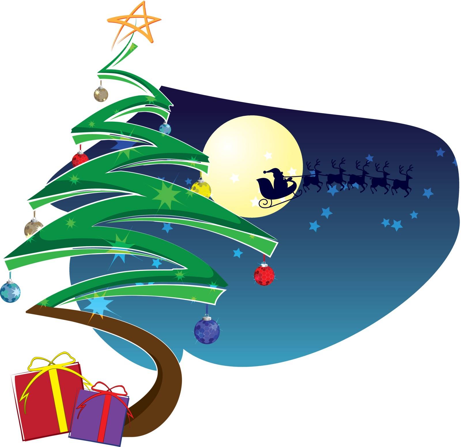 Illustration of Christmas night with Christmas tree and gift for decorative and background