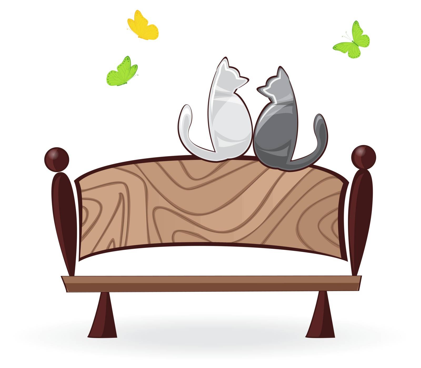 cats sit on a bench and look at butterflies