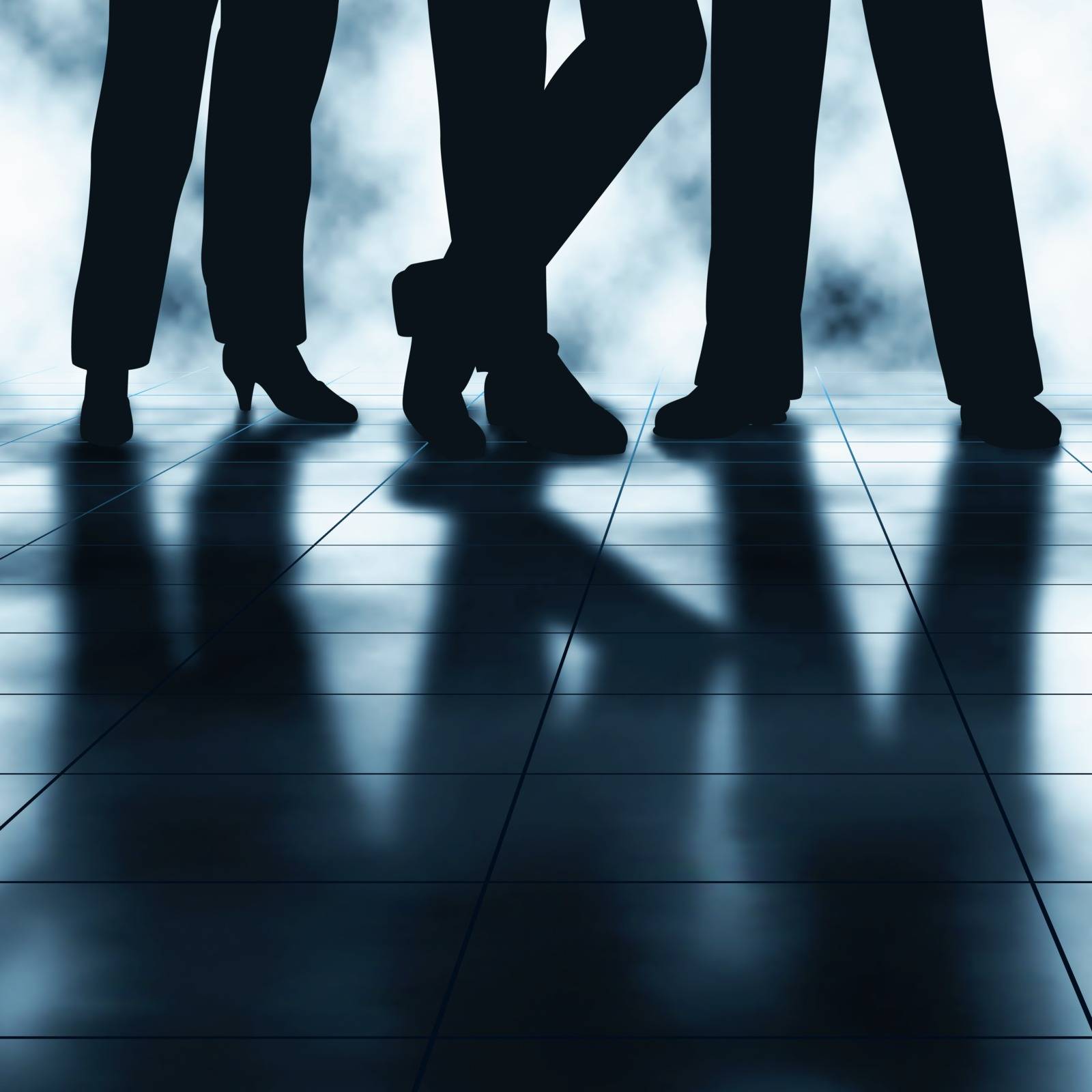 Editable vector illustration of the legs and reflections of three businesspeople made using a gradient mesh