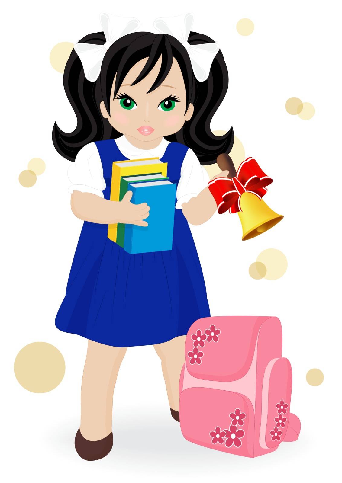 schoolgirl in blue dress with books and school bags
