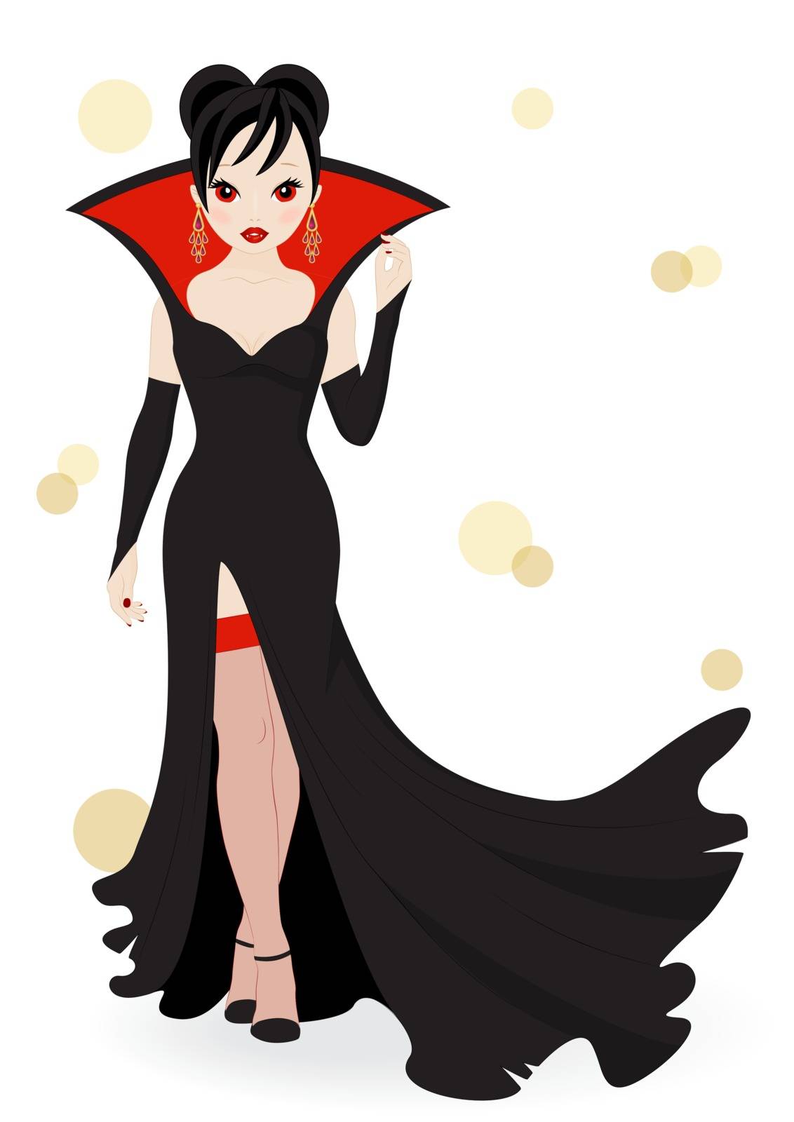 vampire girl in a long black dress isolated on white background