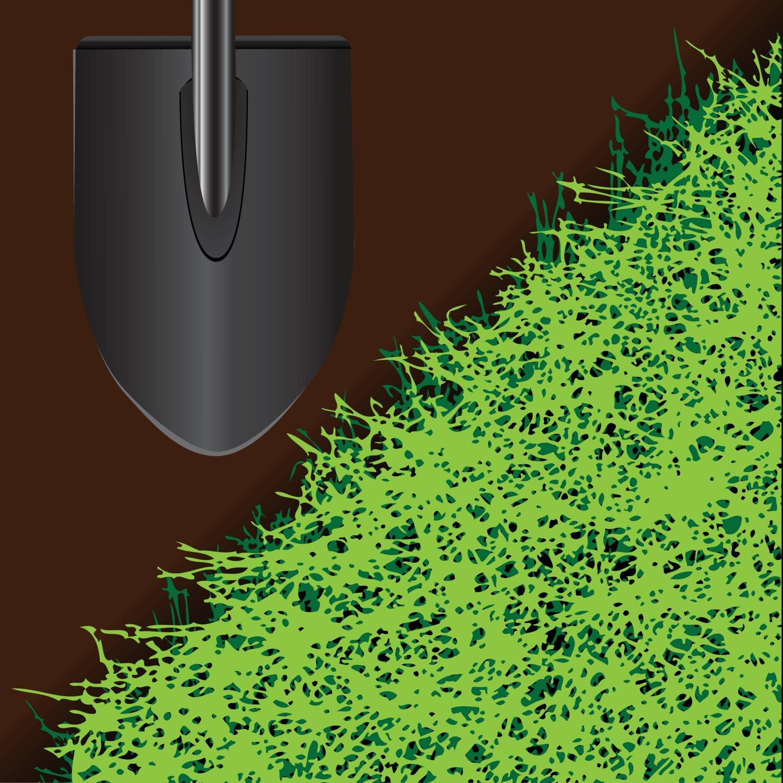 Shovel for farming on the ground with grass. Vector illustration.