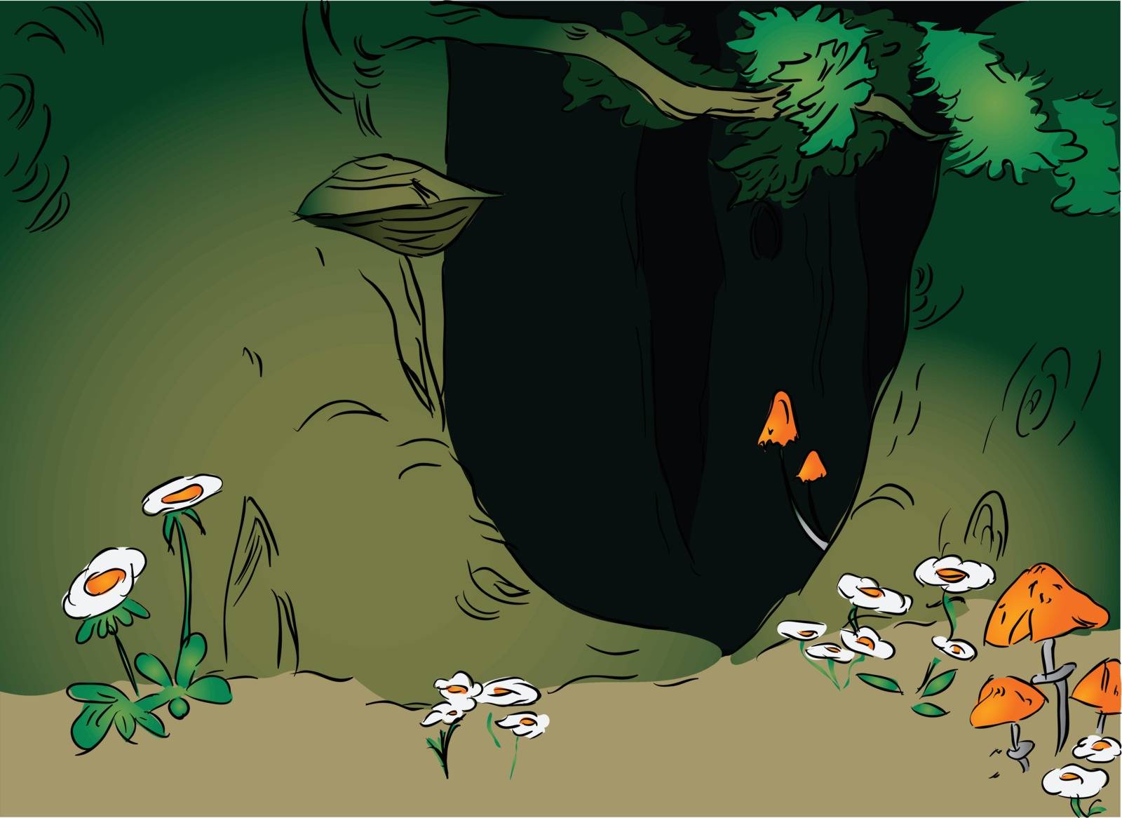Cartoon scene of thick dark forest. Vector illustration.