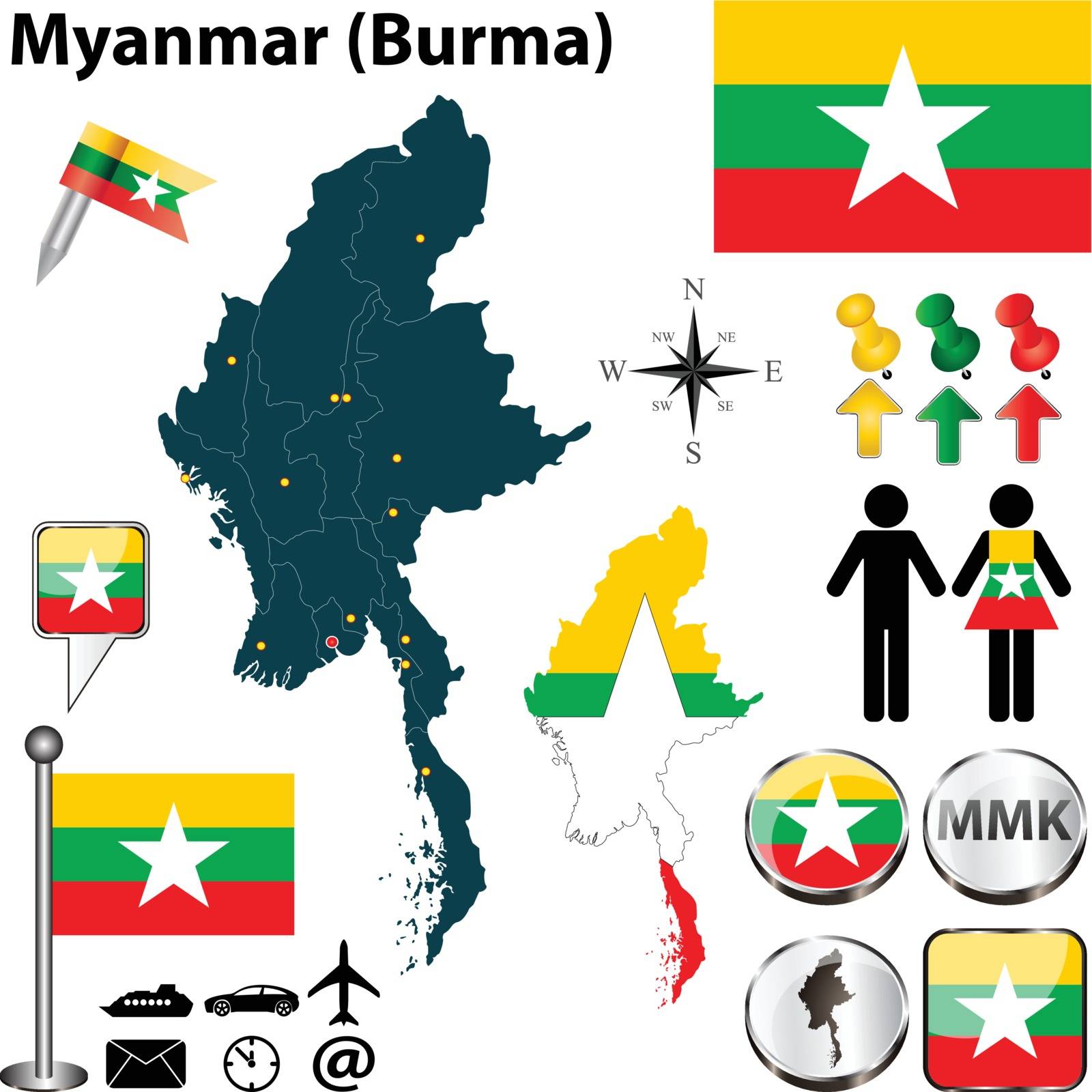 Vector of Myanmar set with detailed country shape with region borders, flags and icons
