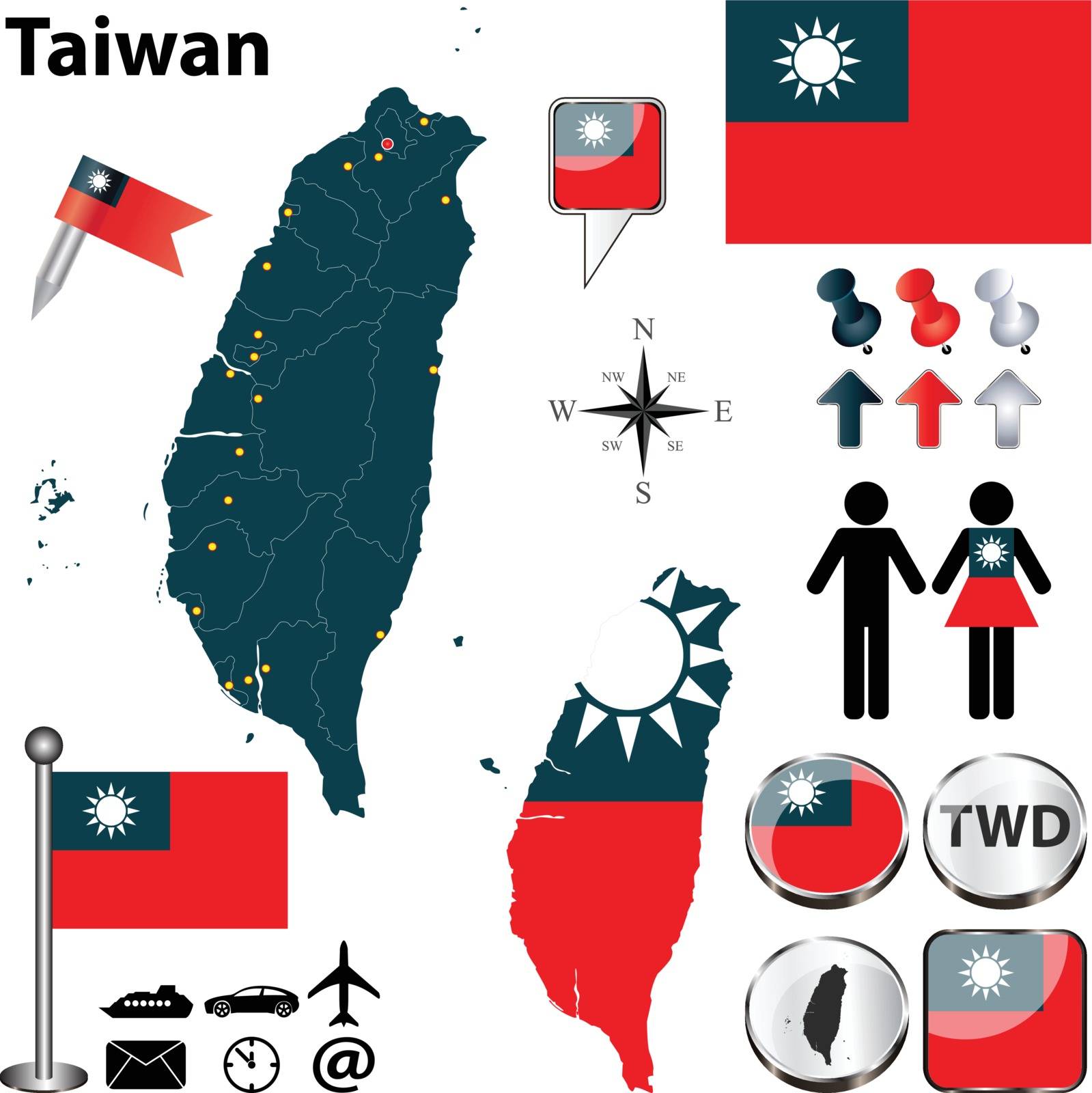 Vector of Taiwan set with detailed country shape with region borders, flags and icons