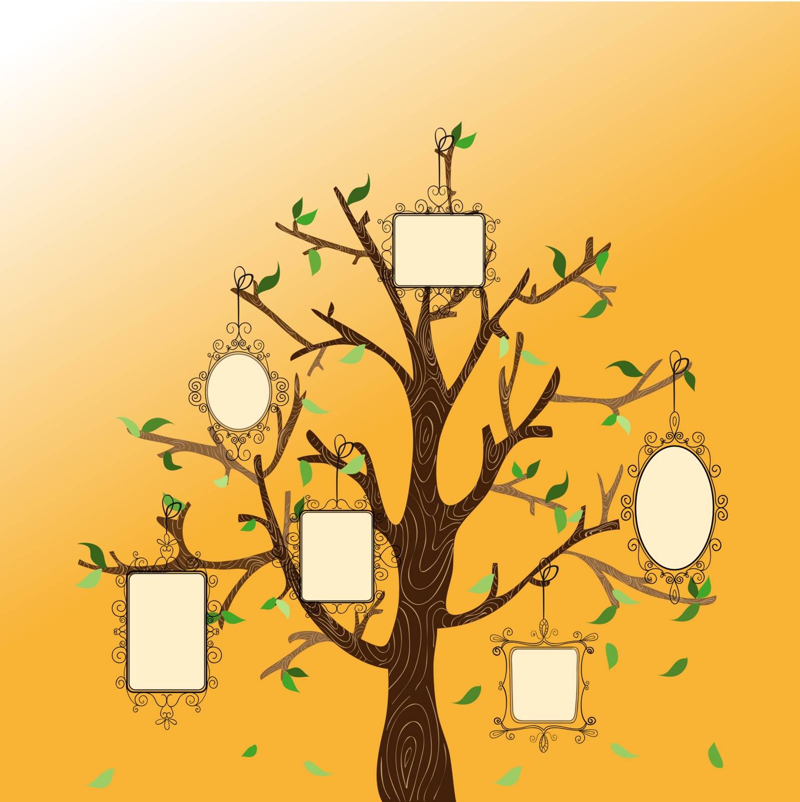 Retro concept family tree with hanging photo frames leaves. Vector file layered for easy manipulation and custom coloring.