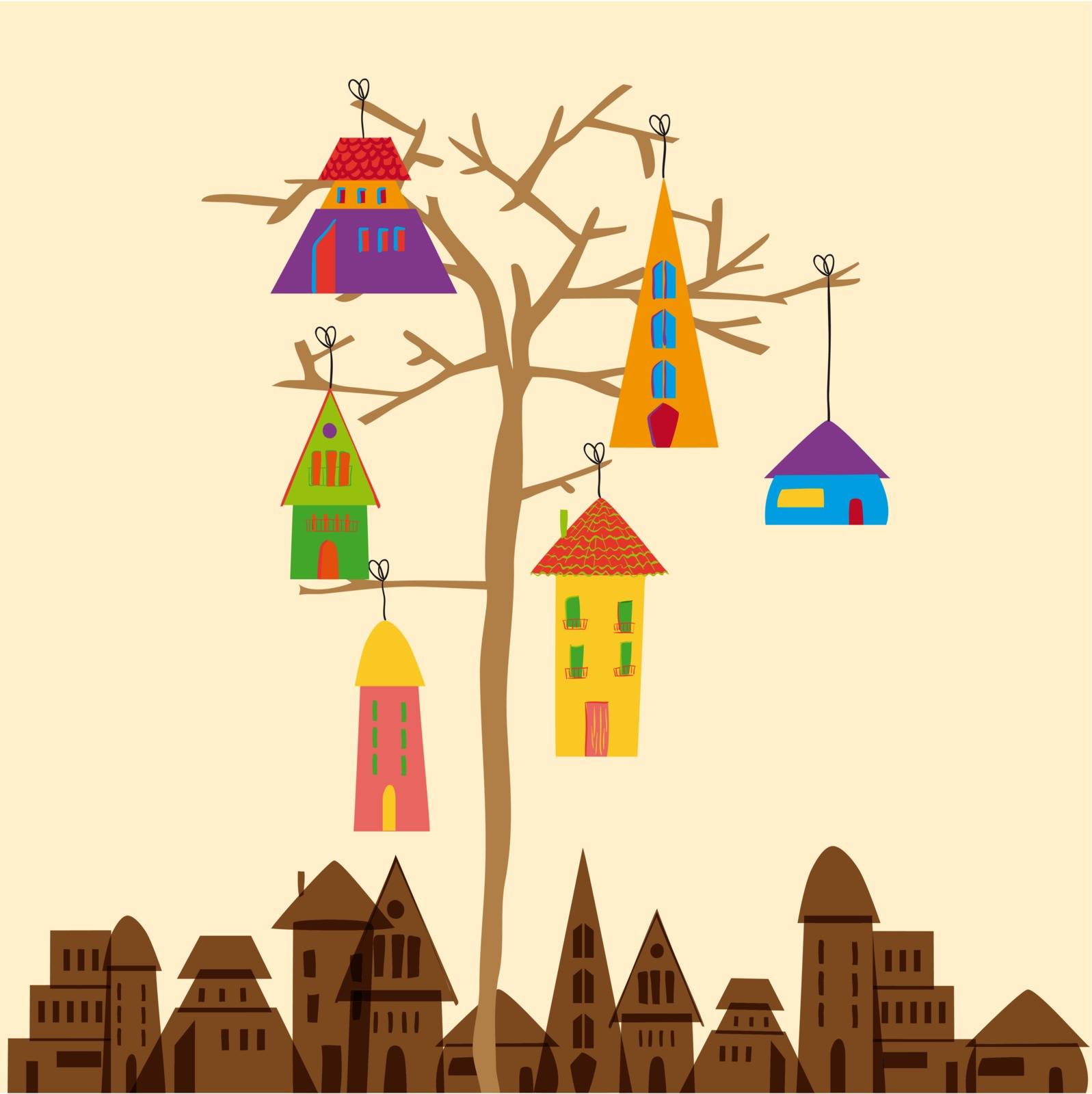 Multicolored transparent town in a tree. EPS10 file version. This illustration contains transparencies and is layered for easy manipulation and custom coloring