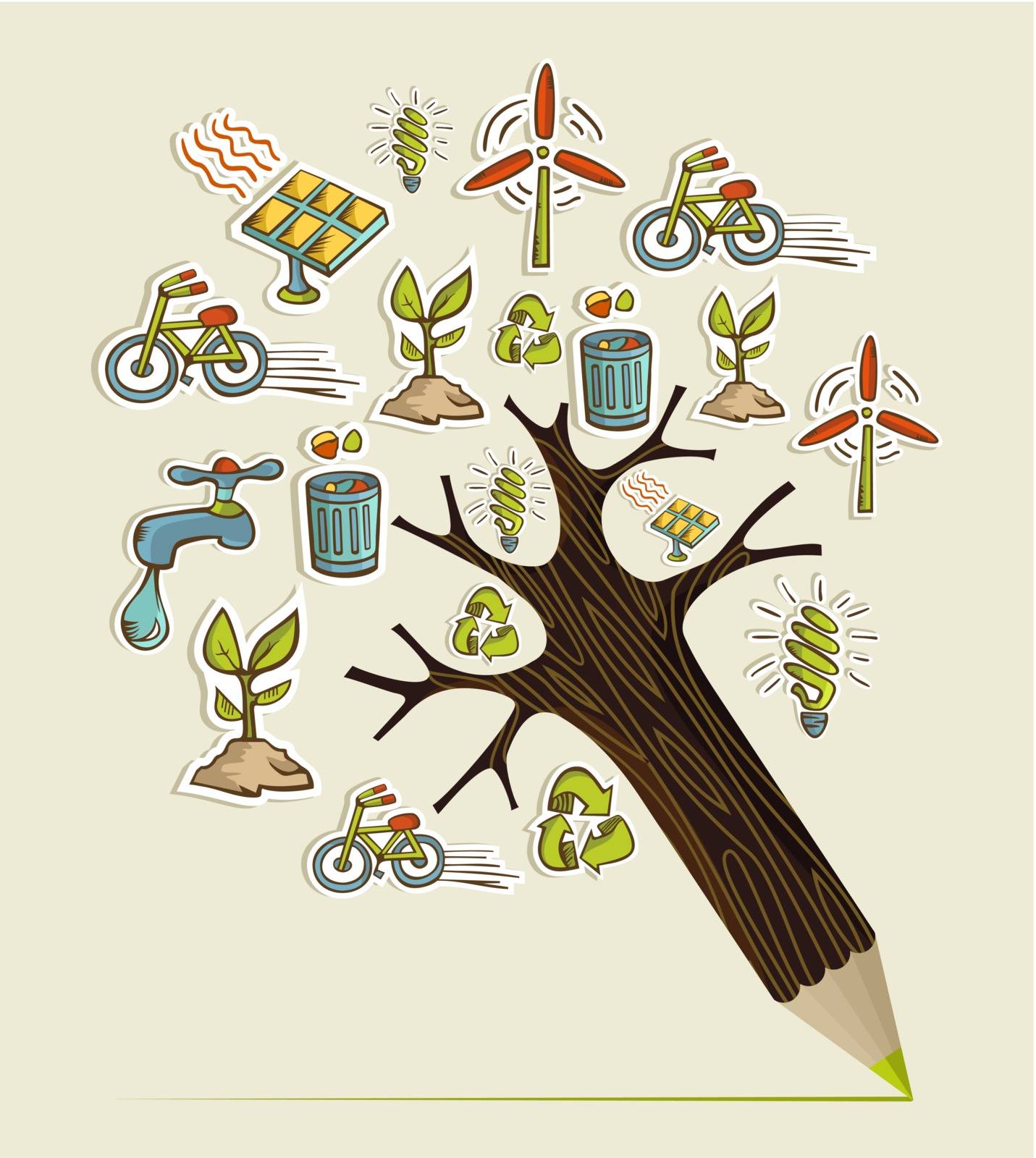 Environmental conservation icons in pencil tree shape. Vector illustration layered for easy manipulation and custom coloring.