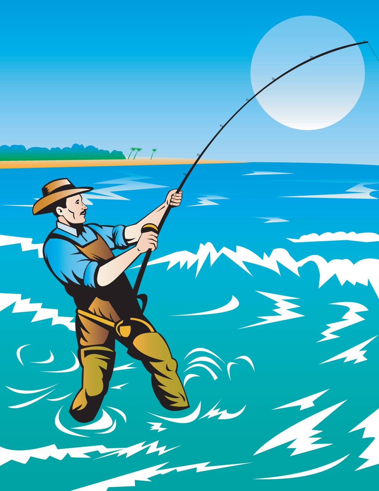 illustration of a fisherman surf casting done in retro style
