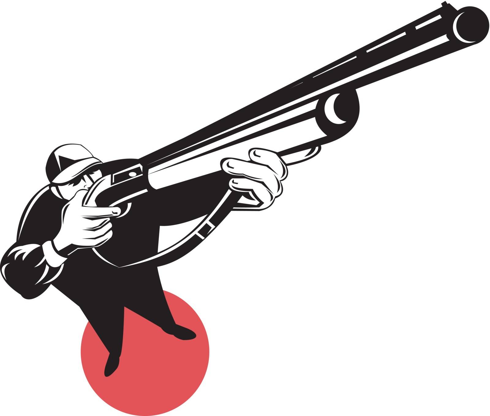 illustration of a hunter aiming shotgun rifle gun done in retro style on isolated background viewed from high angle