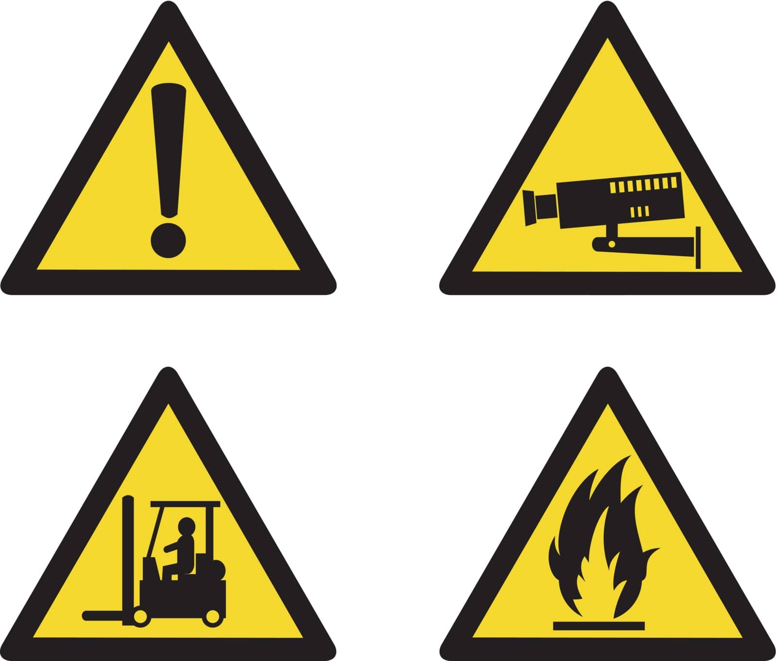 illustration of workplace signs showing warning, caution, security camera, forklift truck operation and flammable on isolated white background
