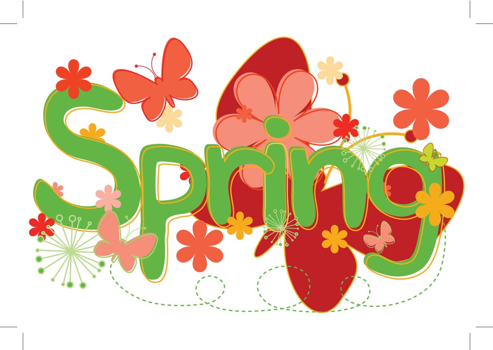 Abstract concept collage of handdrawn “Spring” text with flowers and butterflies.