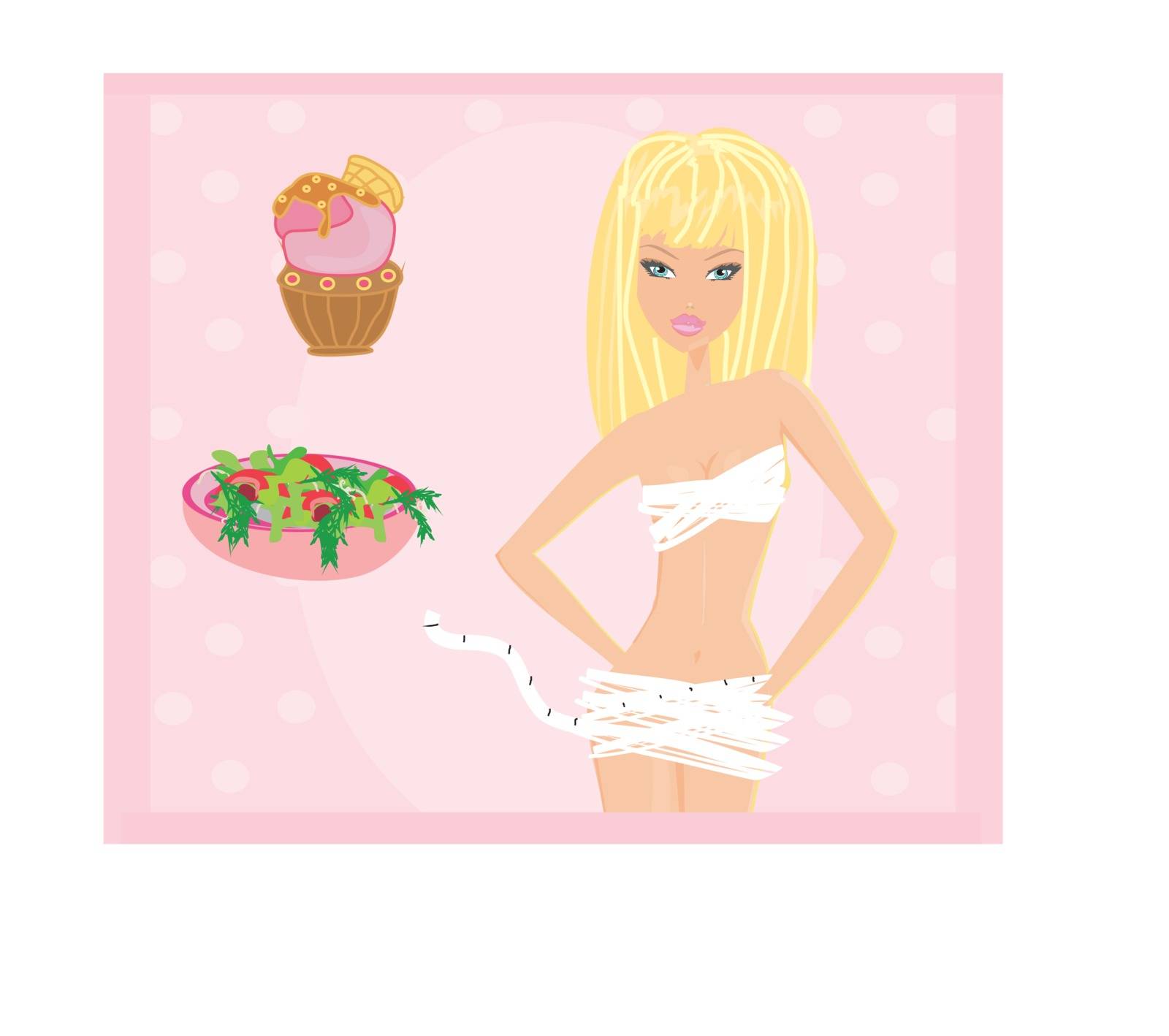 skinny girl measuring her waist and deciding between cupcakes or by JackyBrown